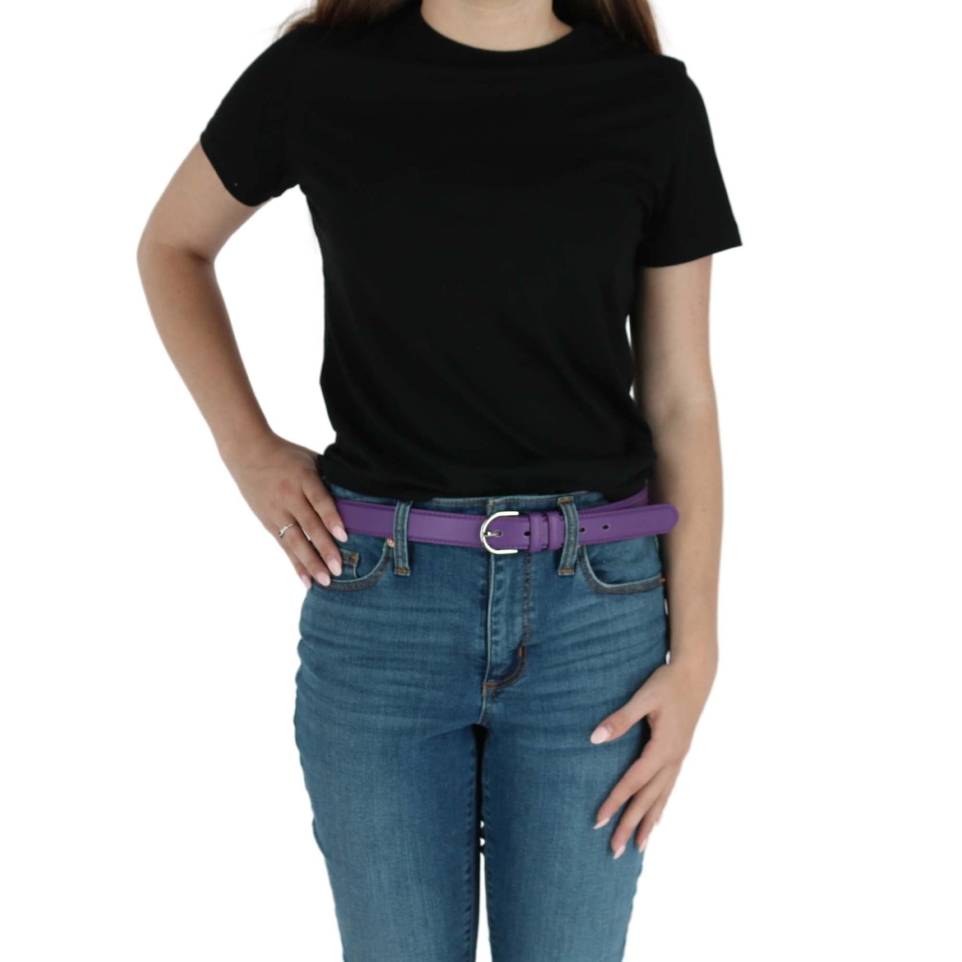 CTM® Women's Leather Dress Belt 1 1/8 Inch Silver Buckle - Dark Purple