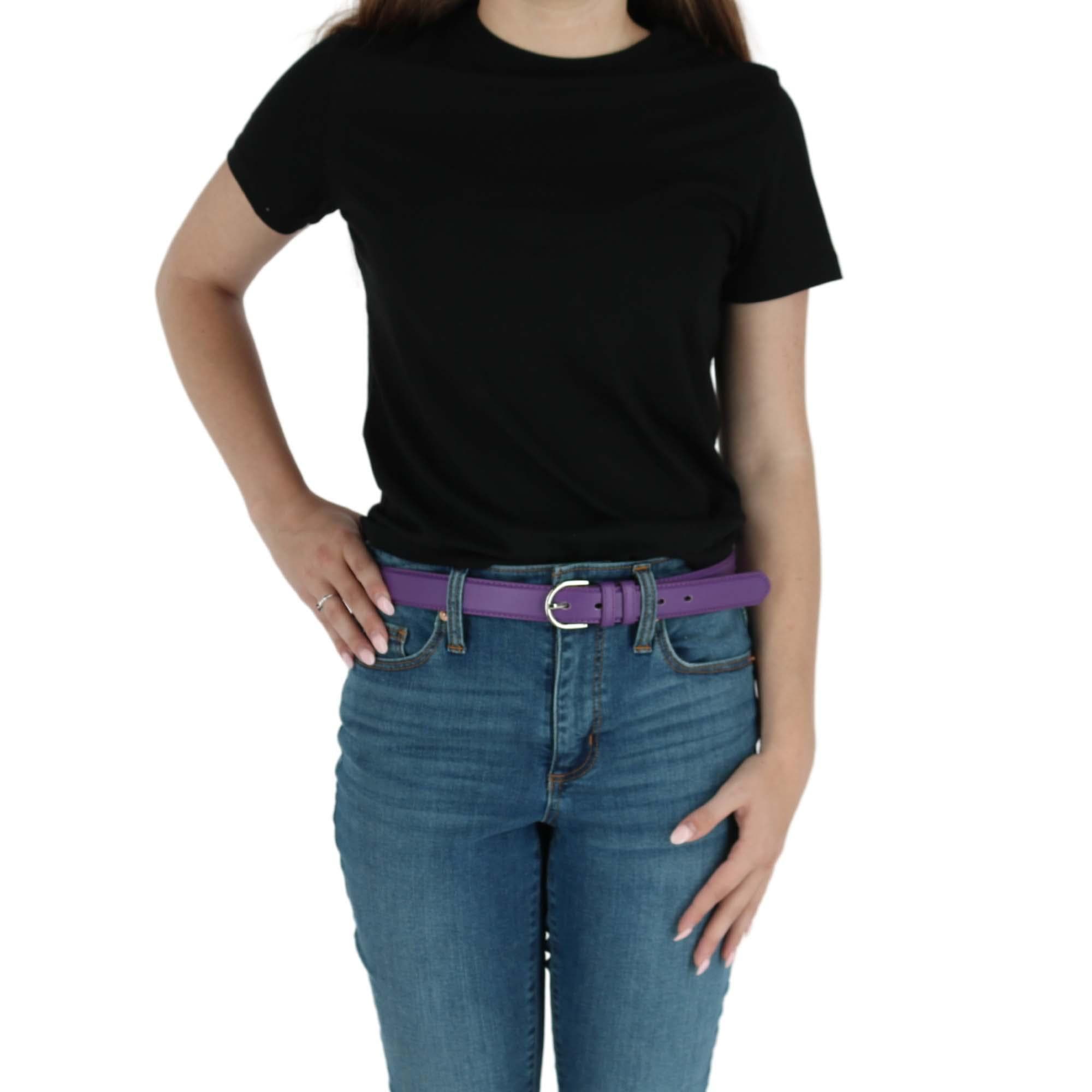 CTM® Women's Leather Dress Belt 1 1/8 Inch Silver Buckle - Dark Purple