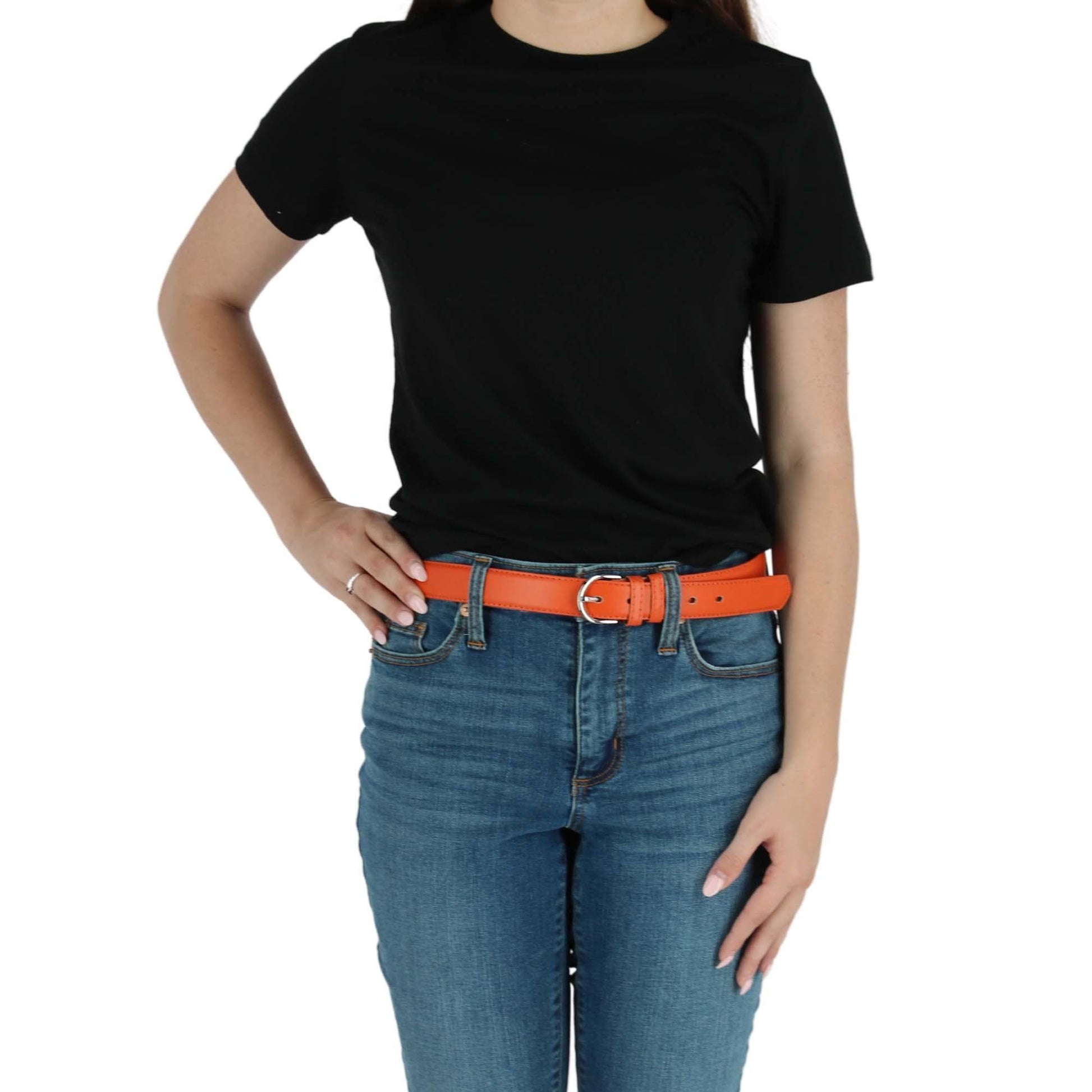 CTM® Women's Leather Dress Belt 1 1/8 Inch Silver Buckle - Orange