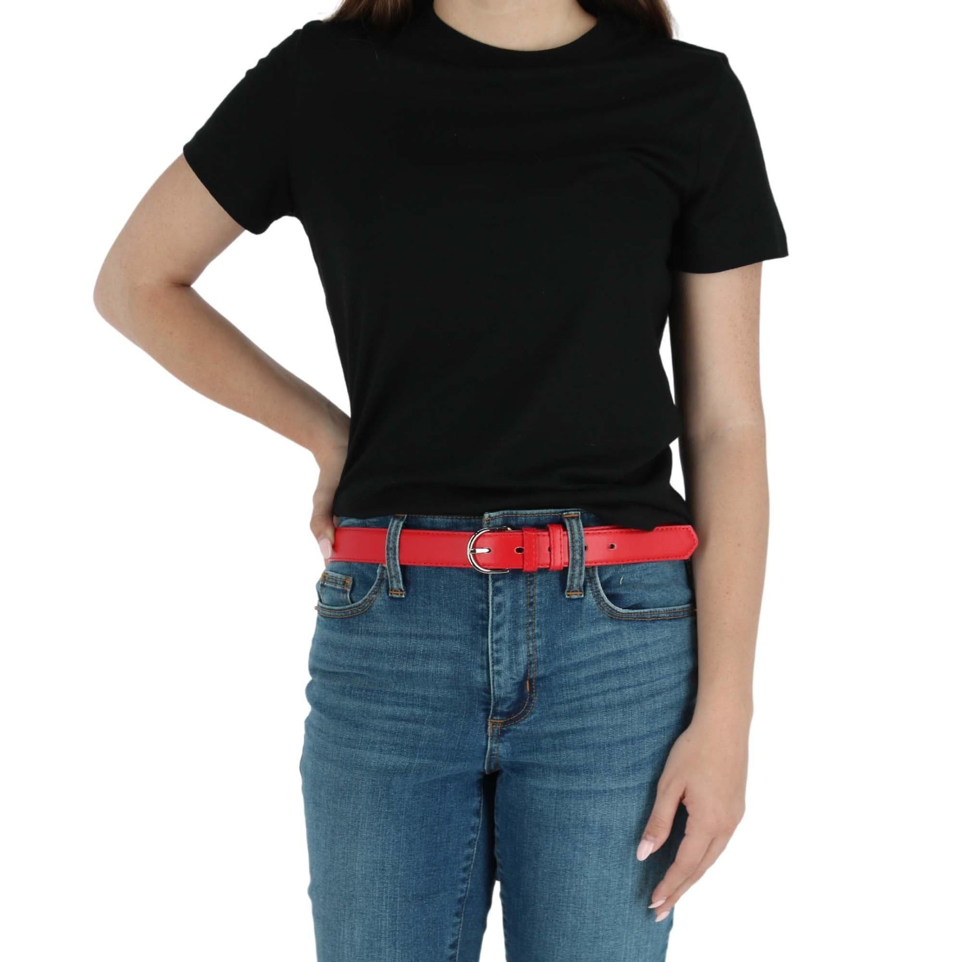 CTM® Women's Leather Dress Belt 1 1/8 Inch Silver Buckle - Red