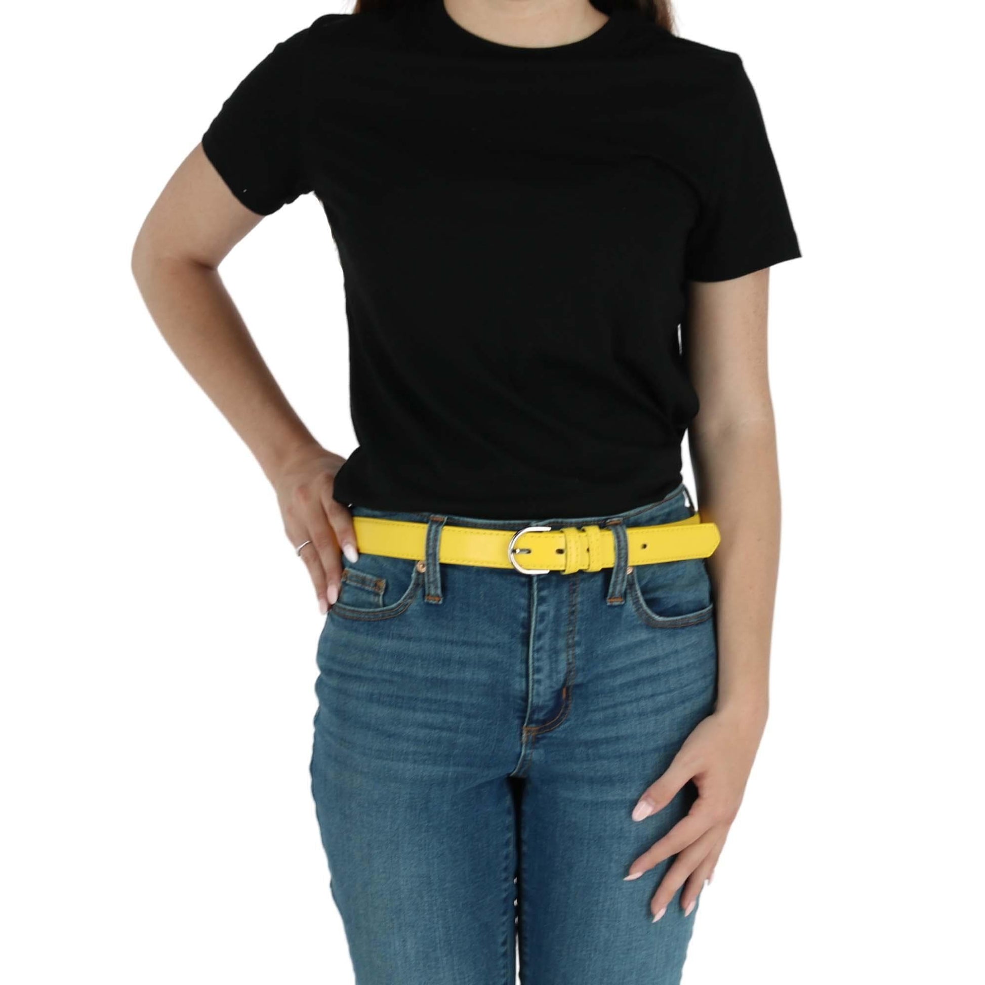 CTM® Women's Leather Dress Belt 1 1/8 Inch Silver Buckle - Yellow