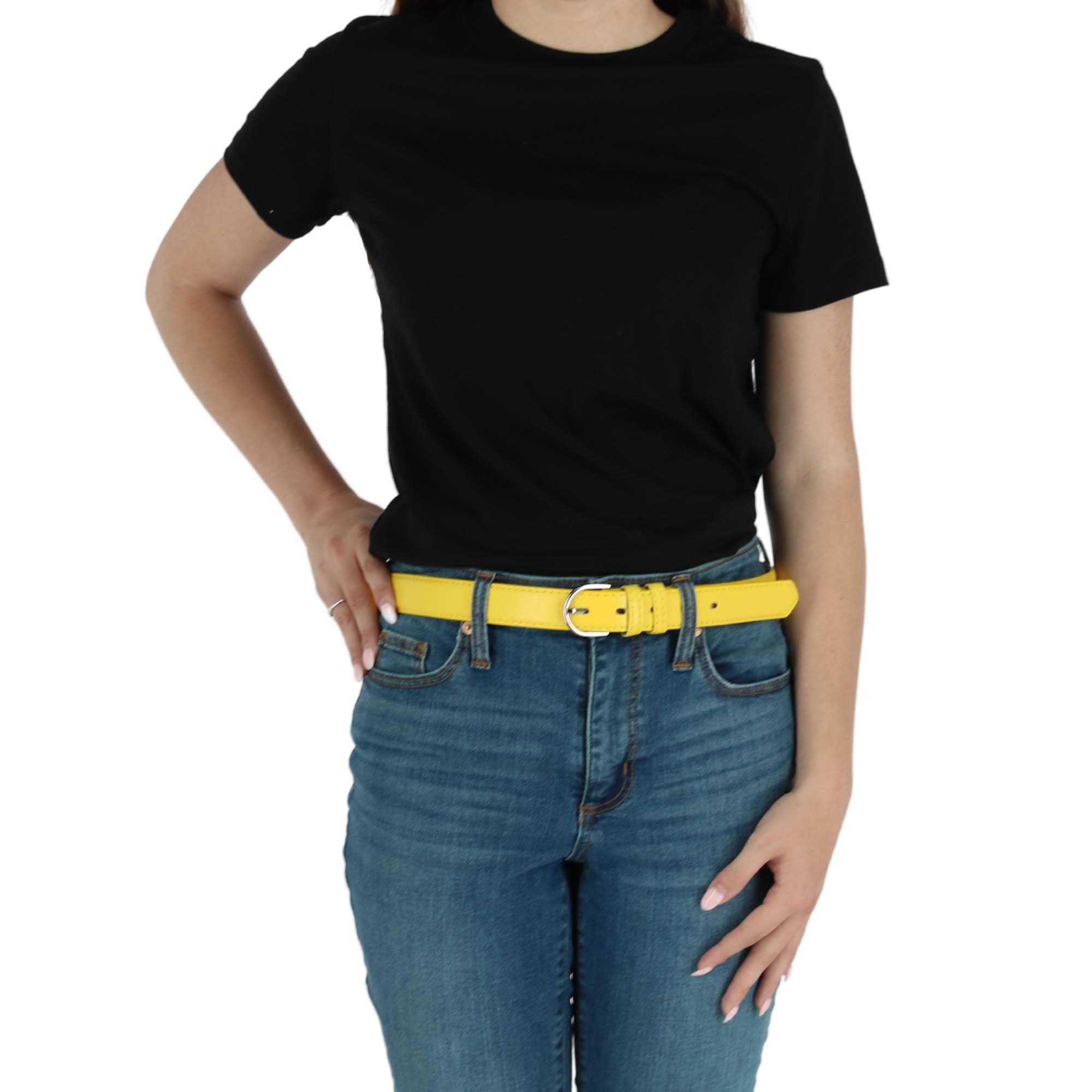 CTM® Women's Leather Dress Belt 1 1/8 Inch Silver Buckle - Yellow