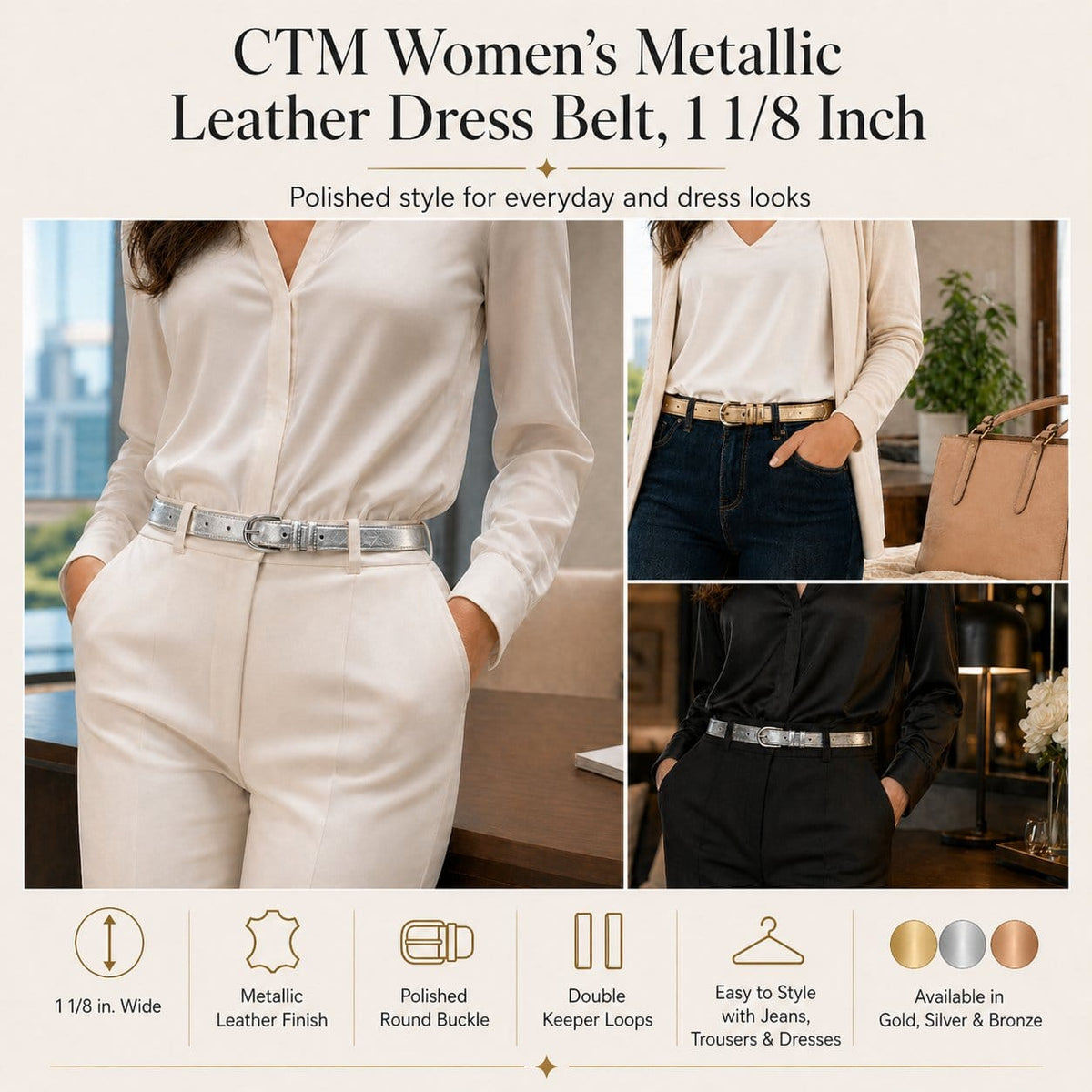 CTM® Women's 1 1/8 Inch Wide Leather Metallic Dress Belt (Pack of 2 Colors) - Bronze and Silver