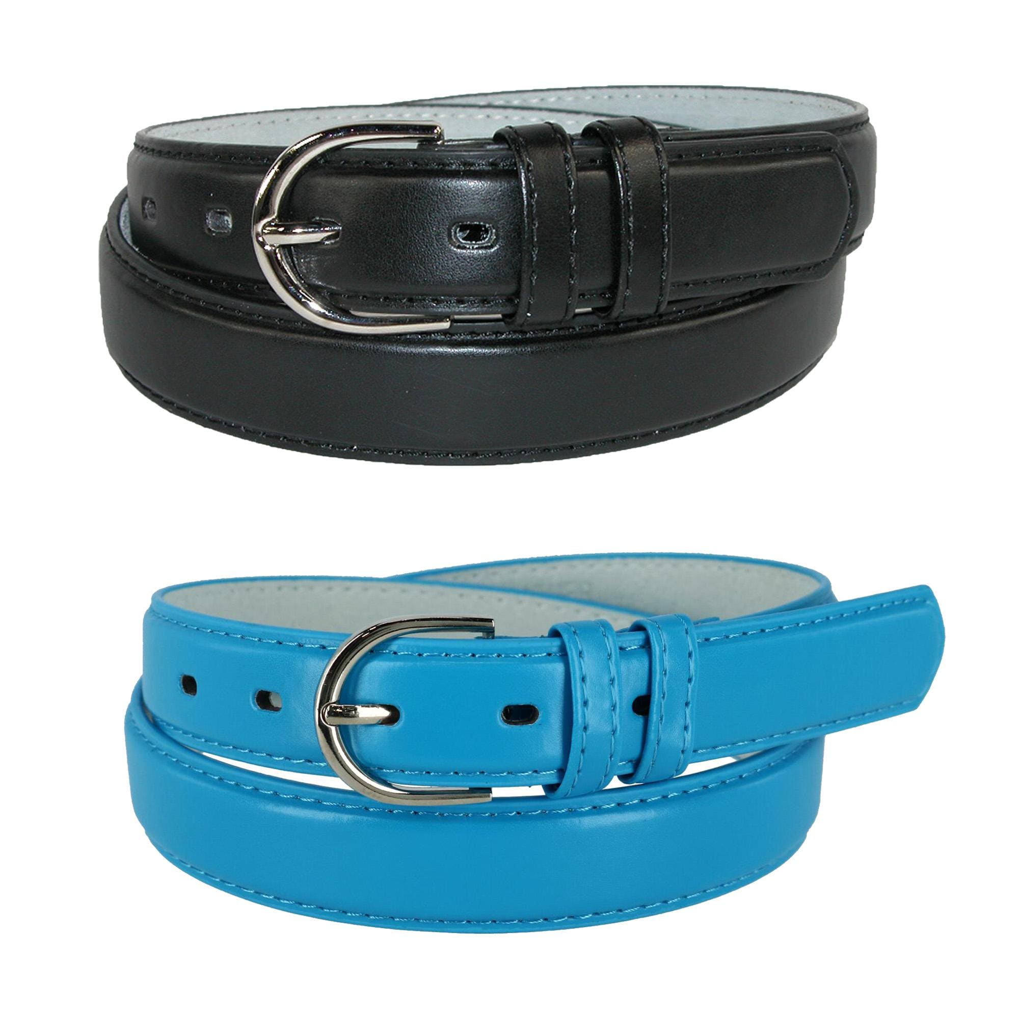 CTM® Women's Leather Dress Belt 2 Color Pack 1 1/8 Inch Silver Buckle - Black and Blue