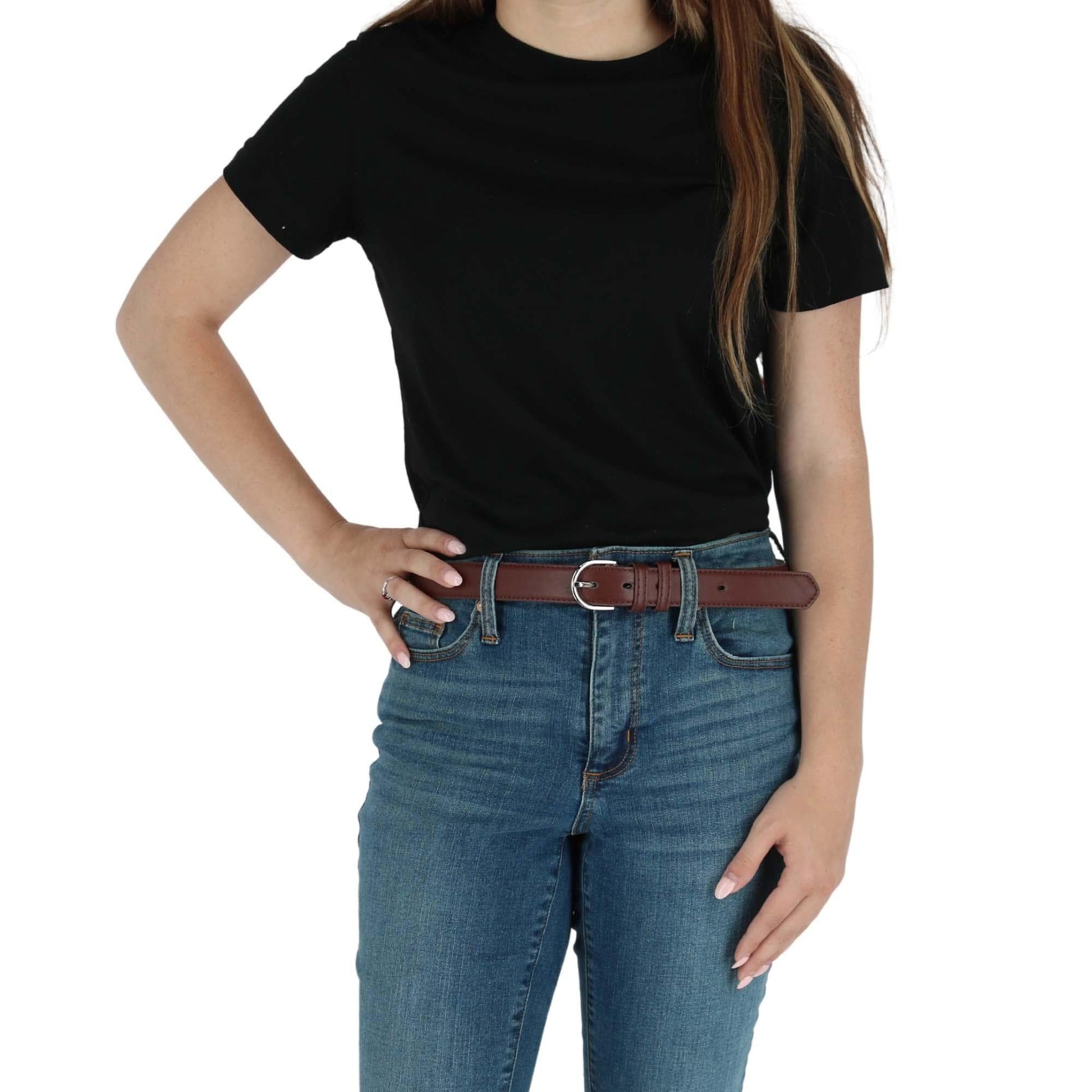 CTM® Women's Leather Dress Belt 2 Color Pack 1 1/8 Inch Silver Buckle - Black and Brown
