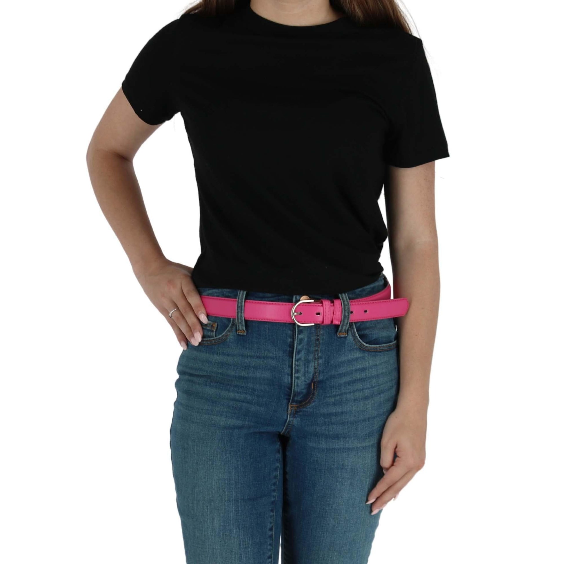CTM® Women's Leather Dress Belt 2 Color Pack 1 1/8 Inch Silver Buckle - Black and Dark Pink