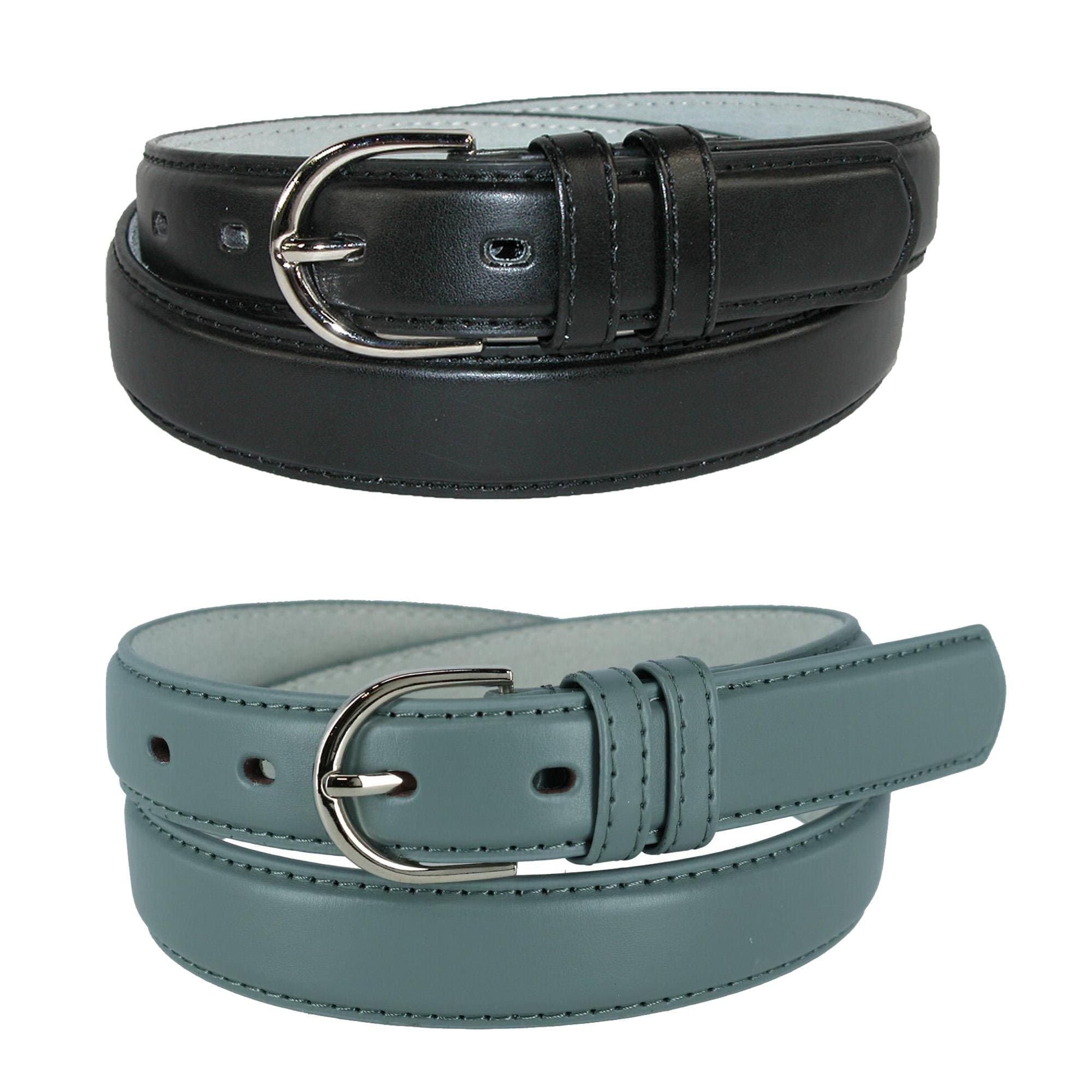 CTM® Women's Leather Dress Belt 2 Color Pack 1 1/8 Inch Silver Buckle - Black and Grey
