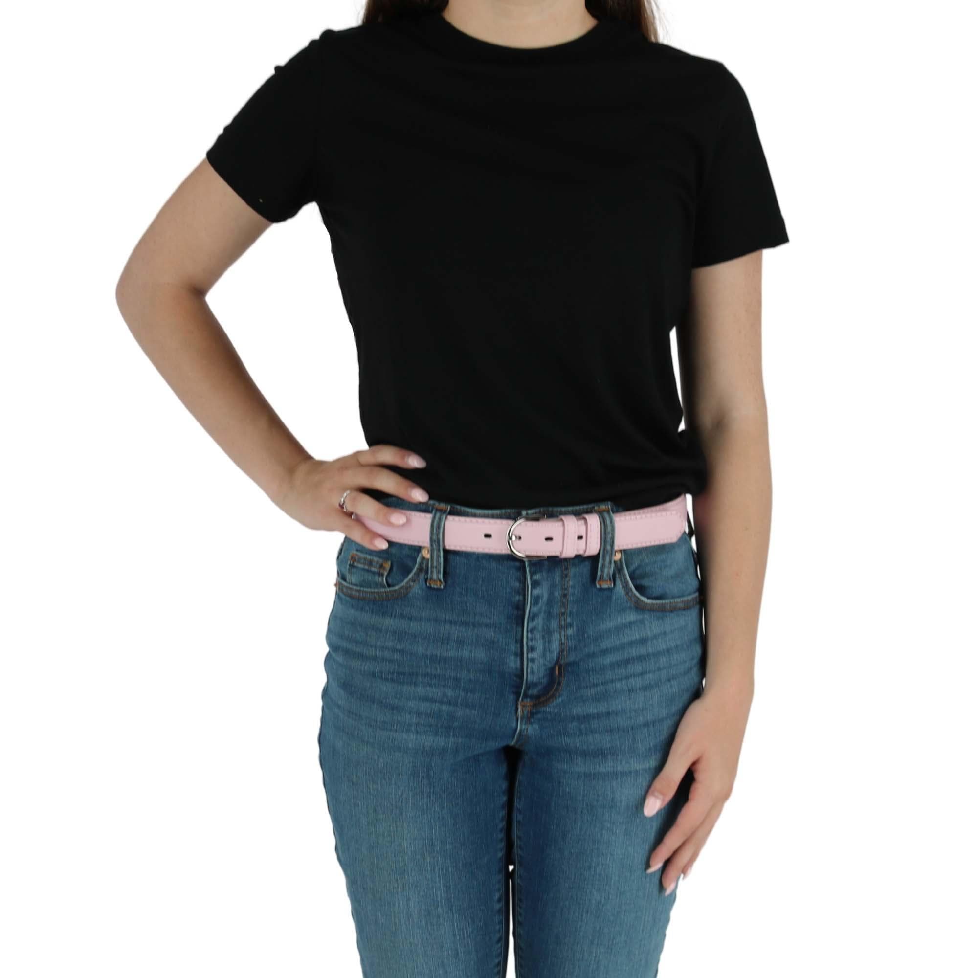 CTM® Women's Leather Dress Belt 2 Color Pack 1 1/8 Inch Silver Buckle - Black and Light Pink