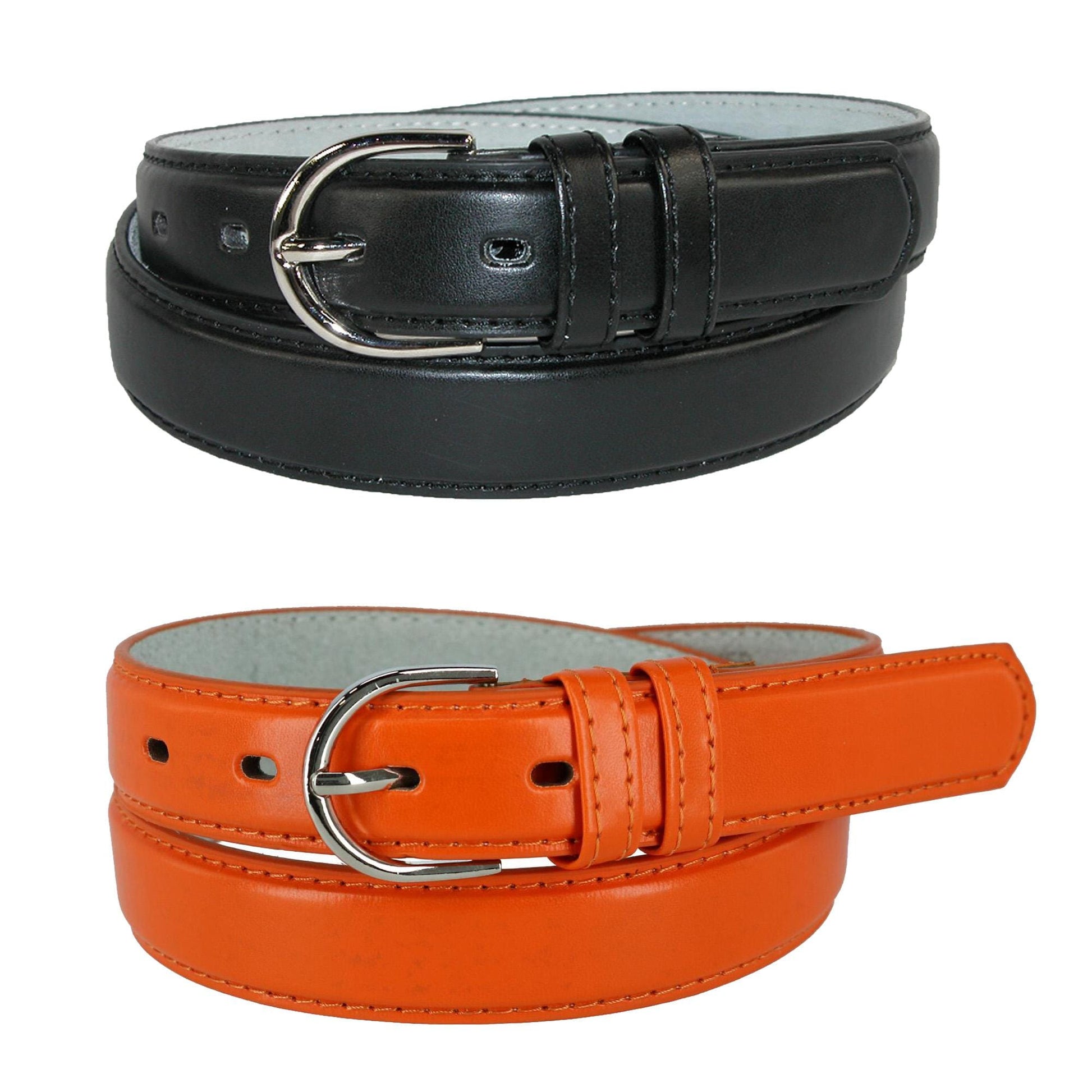 CTM® Women's Leather Dress Belt 2 Color Pack 1 1/8 Inch Silver Buckle - Black and Orange
