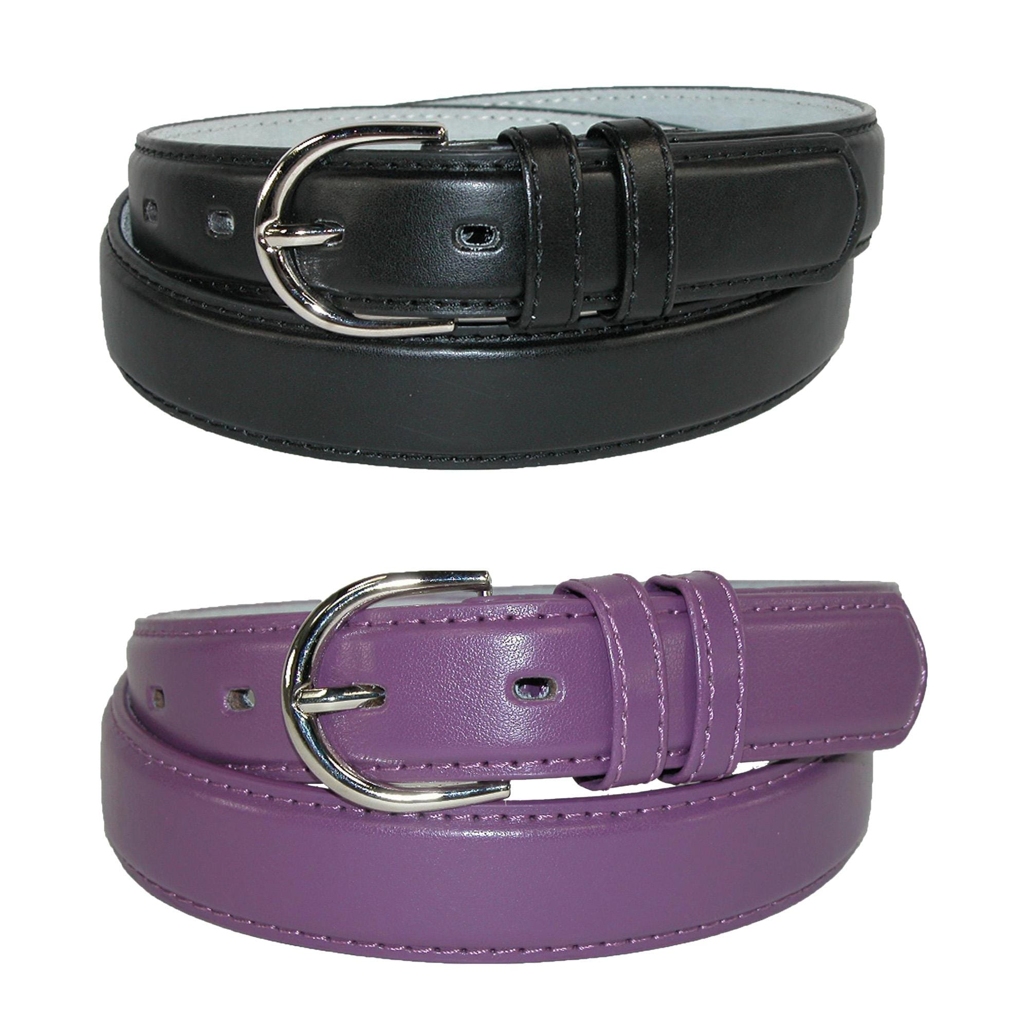 CTM® Women's Leather Dress Belt 2 Color Pack 1 1/8 Inch Silver Buckle - Black and Purple