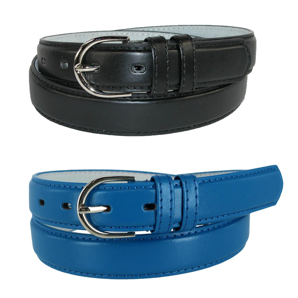 CTM® Women's Leather Dress Belt 2 Color Pack 1 1/8 Inch Silver Buckle - Black and Royal Blue