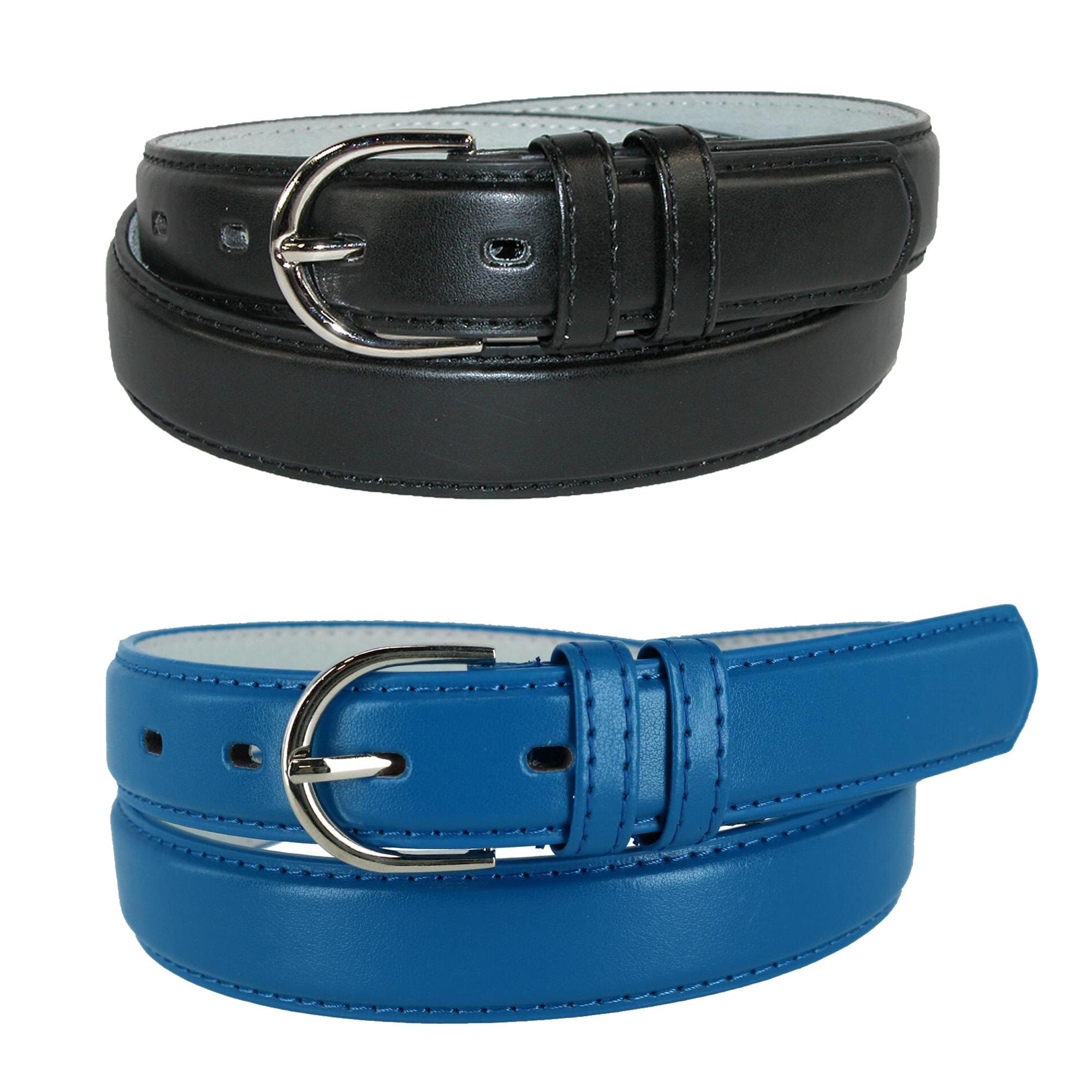 CTM® Women's Leather Dress Belt 2 Color Pack 1 1/8 Inch Silver Buckle - Black and Royal Blue