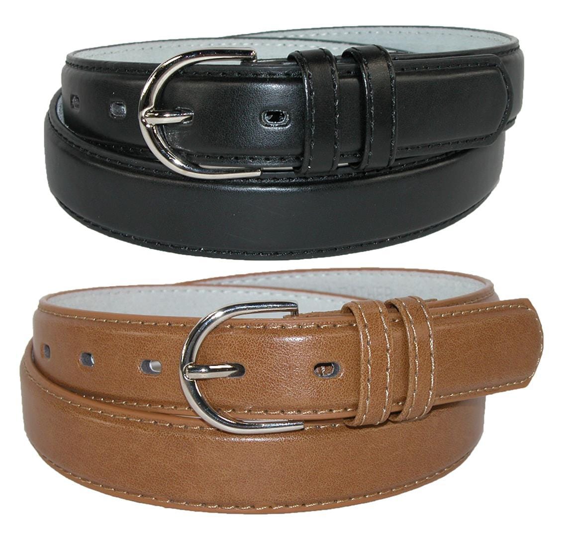 CTM® Women's Leather Dress Belt 2 Color Pack 1 1/8 Inch Silver Buckle - Black and Tan
