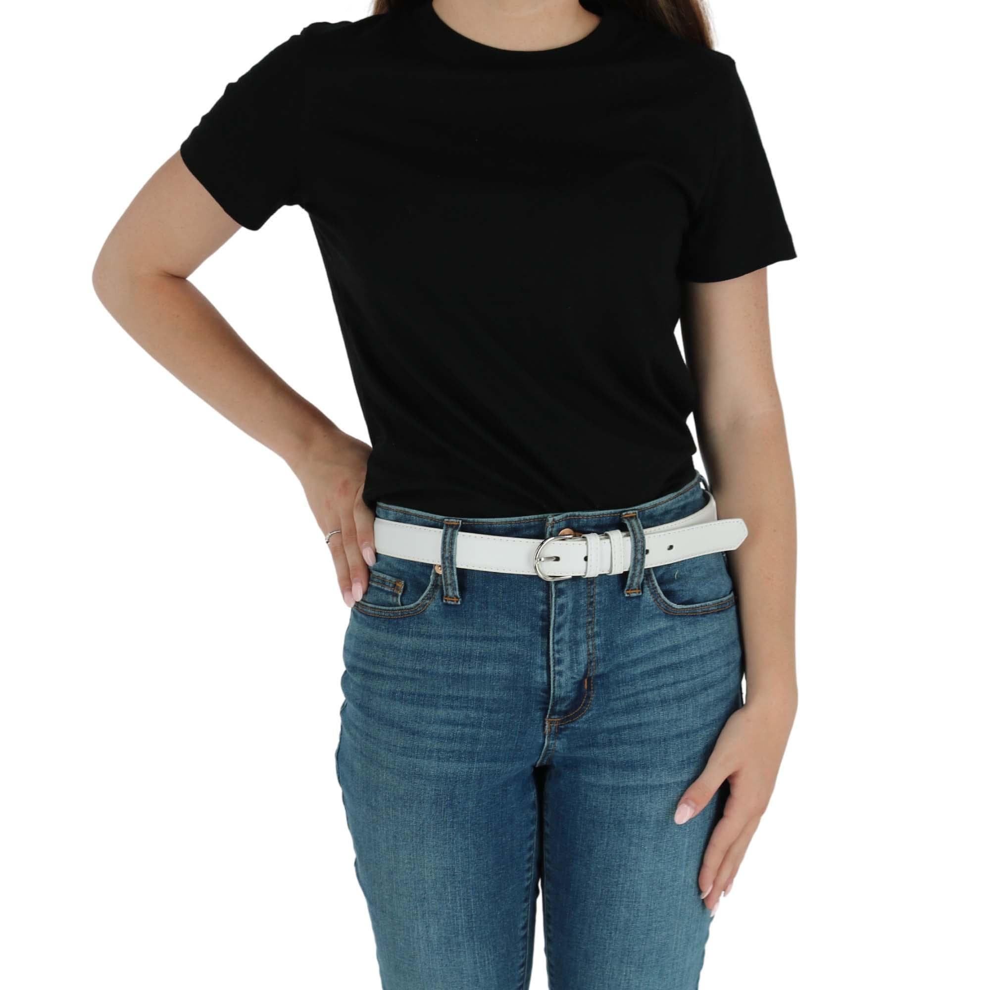 CTM® Women's Leather Dress Belt 2 Color Pack 1 1/8 Inch Silver Buckle - Black and White