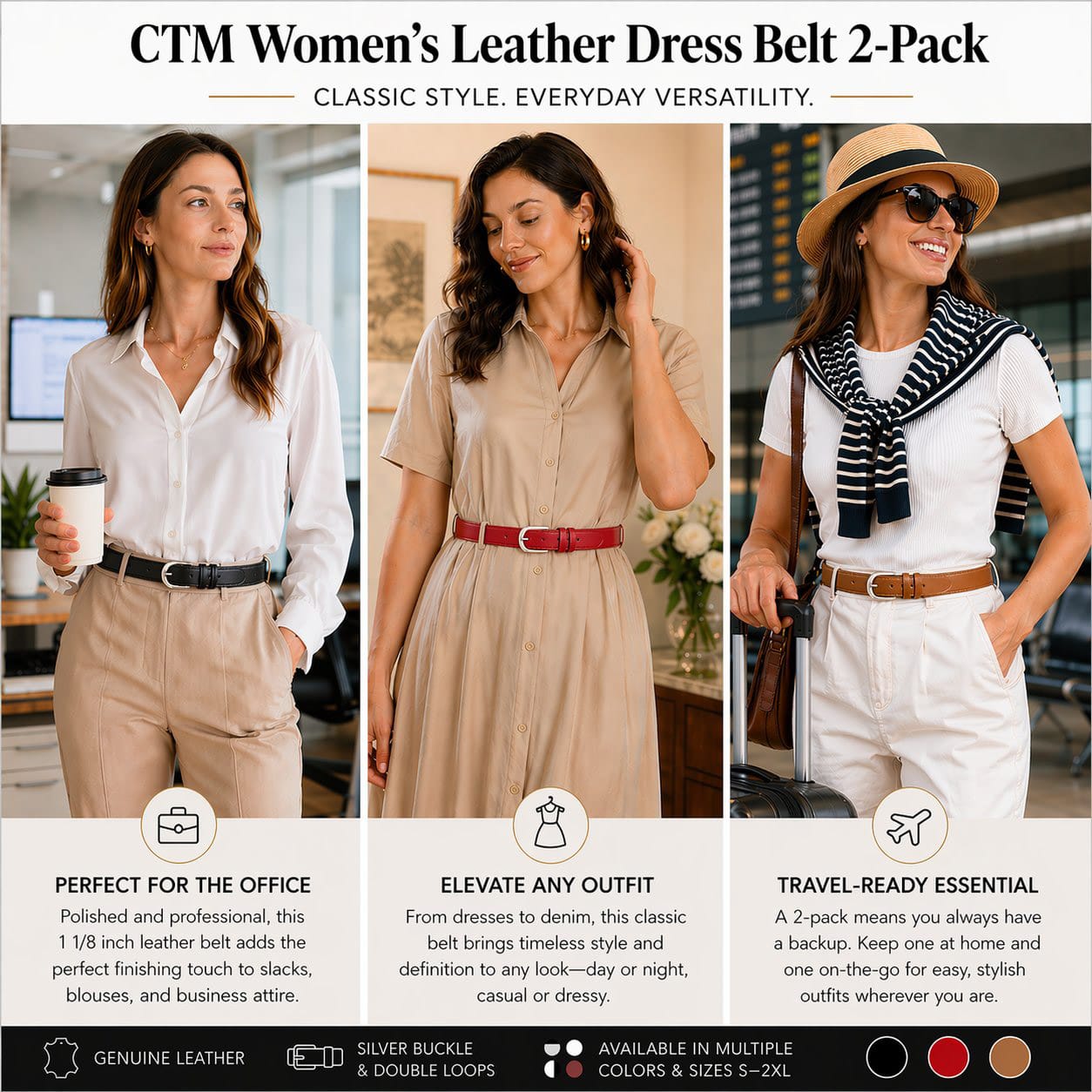CTM® Women's Leather Dress Belt 2 Color Pack 1 1/8 Inch Silver Buckle - Black and Red