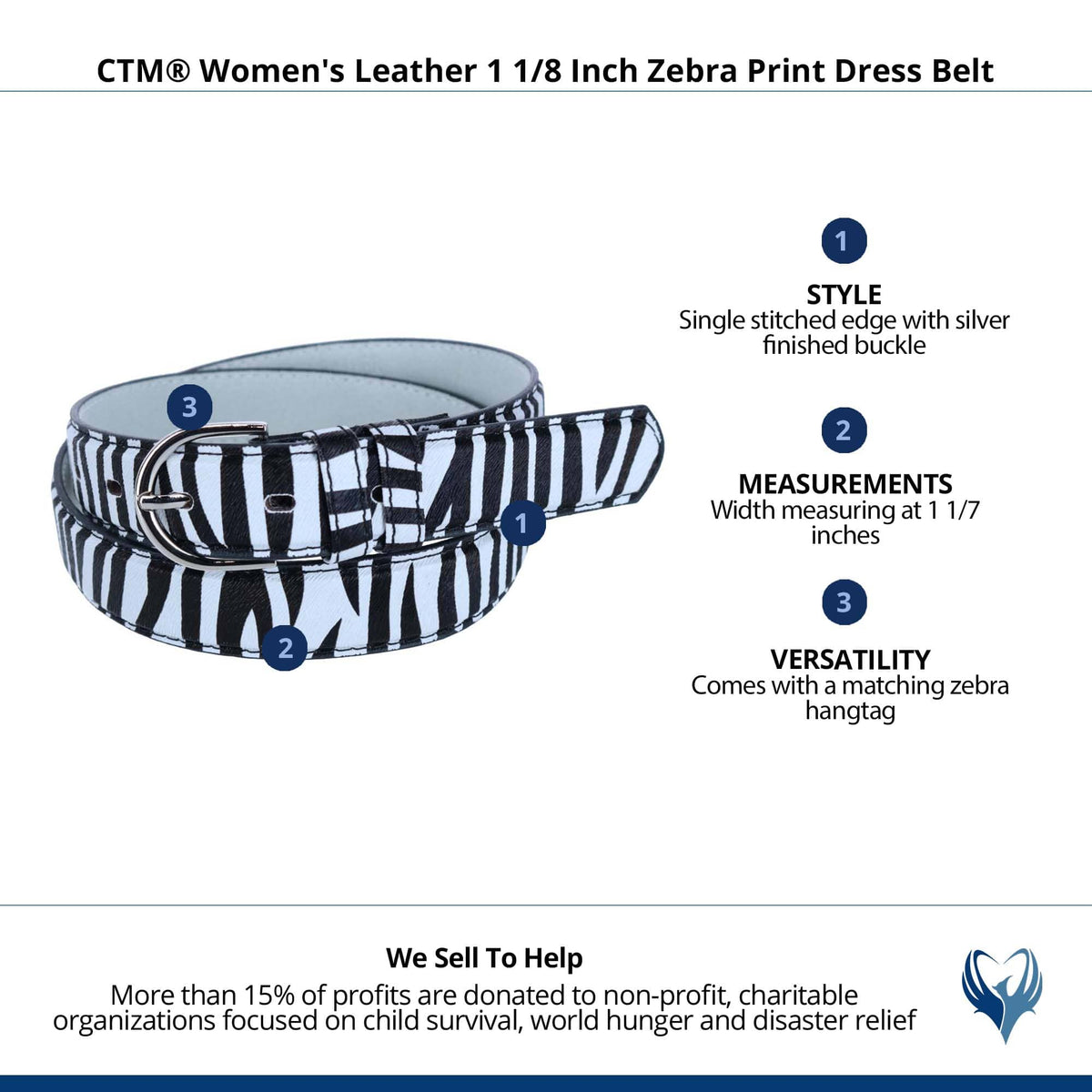 CTM® Women's Leather 1 1/8 Inch Zebra Print Dress Belt - Black & White