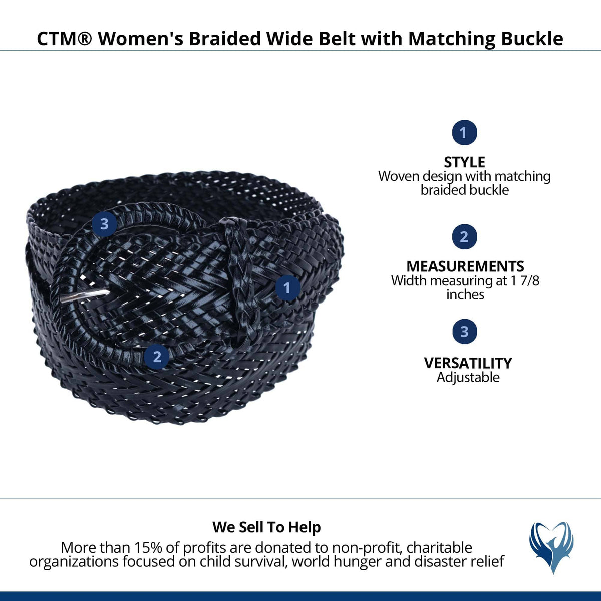 CTM® Women's Braided Wide Belt with Matching Buckle Adjustable Woven - Black