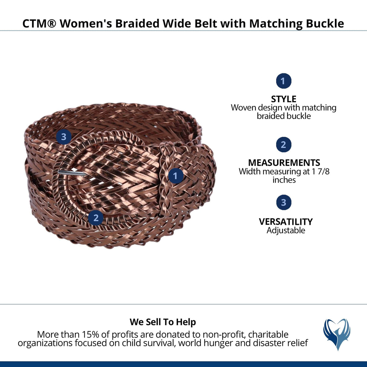 CTM® Women's Braided Wide Belt with Matching Buckle Adjustable Woven - Bronze