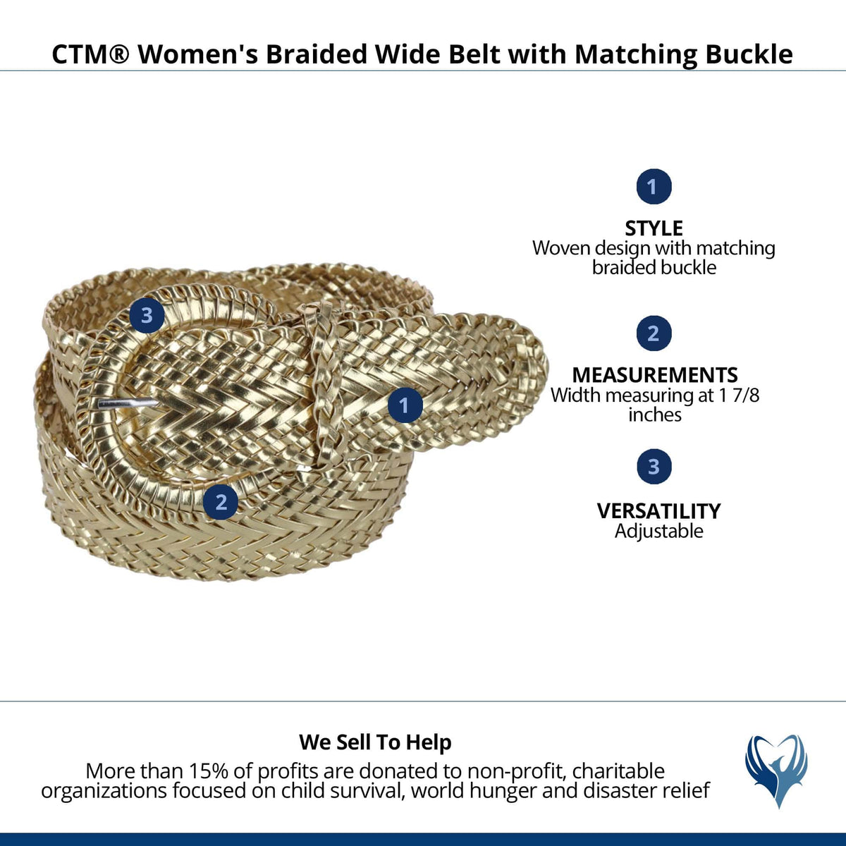 CTM® Women's Braided Wide Belt with Matching Buckle Adjustable Woven - Gold