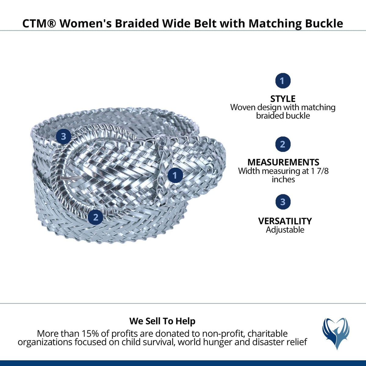 CTM® Women's Braided Wide Belt with Matching Buckle Adjustable Woven - Silver