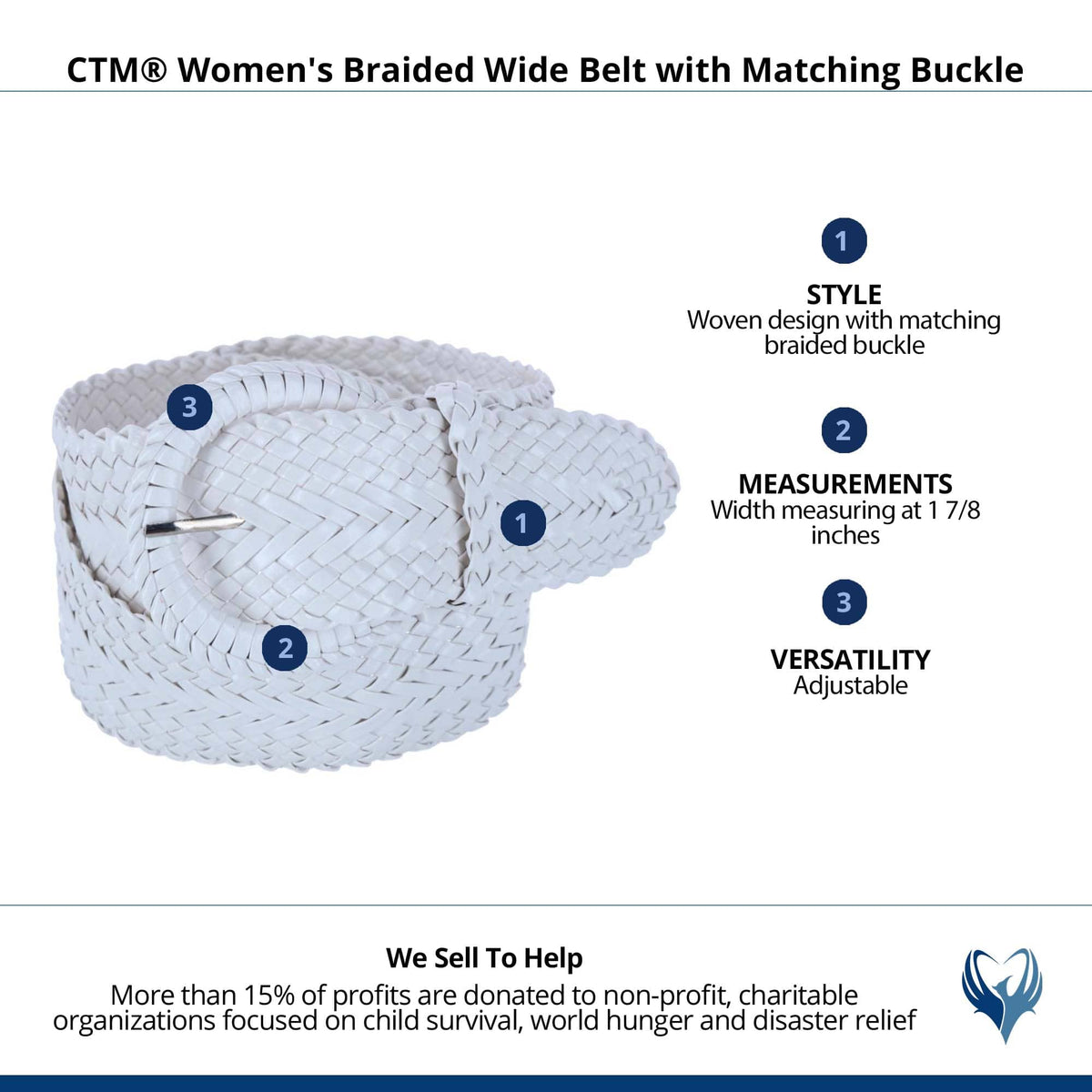 CTM® Women's Braided Wide Belt with Matching Buckle Adjustable Woven - White