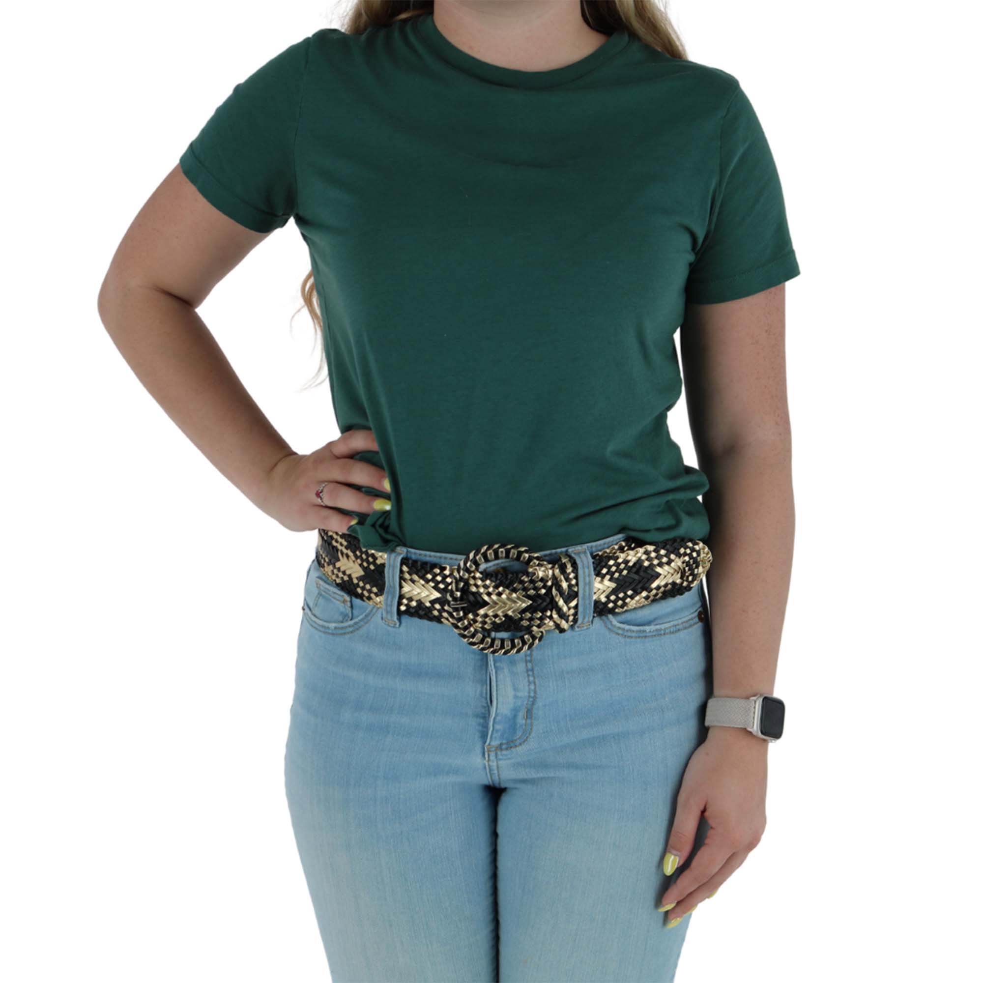CTM® Women's 1 7/8 Inch Wide Braided Plaid Belt with Matching Buckle - Black & Gold