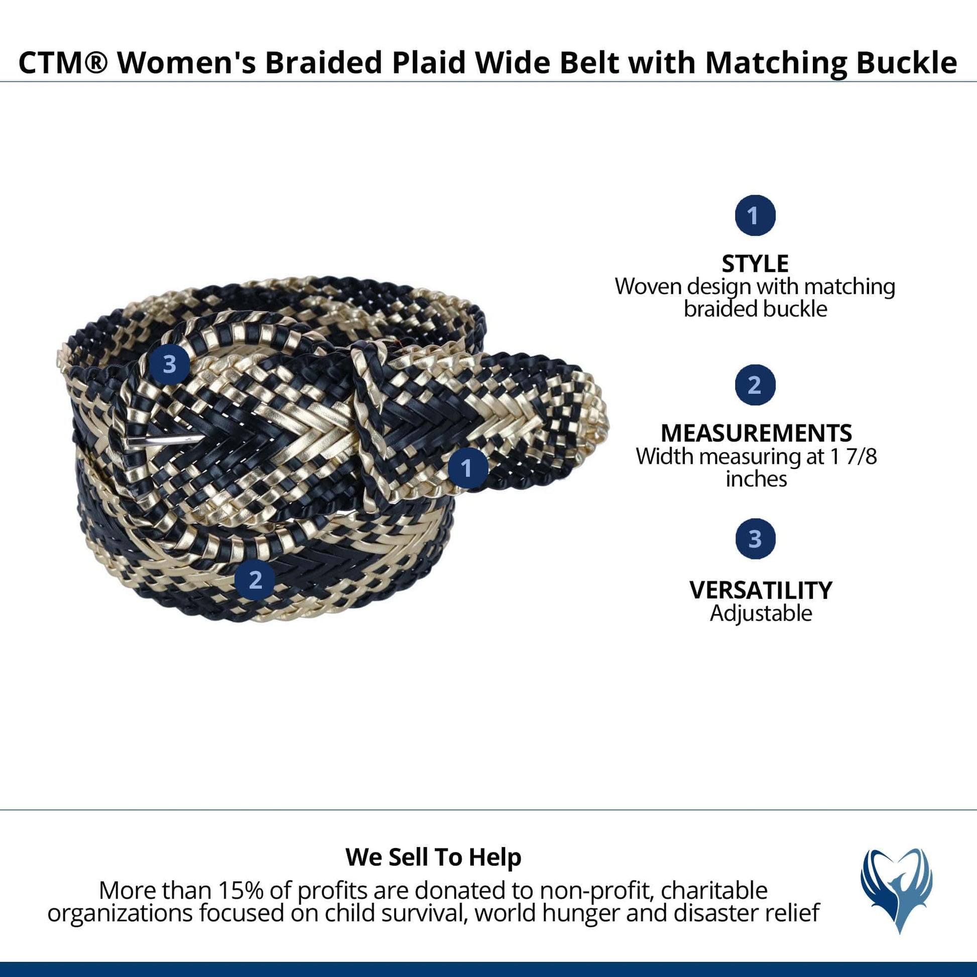 CTM® Women's 1 7/8 Inch Wide Braided Plaid Belt with Matching Buckle - Black & Gold