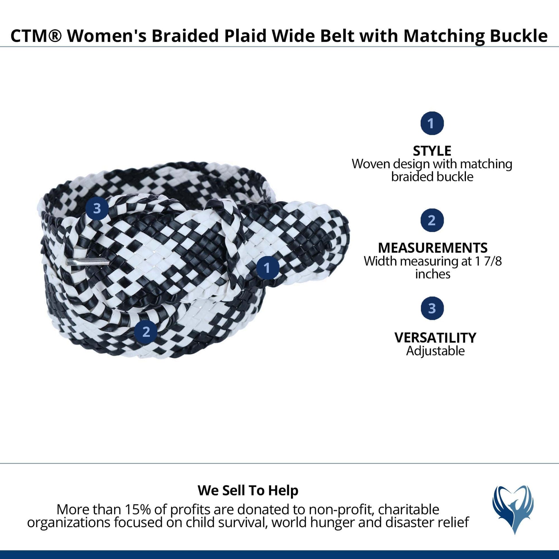 CTM® Women's 1 7/8 Inch Wide Braided Plaid Belt with Matching Buckle - Black & White