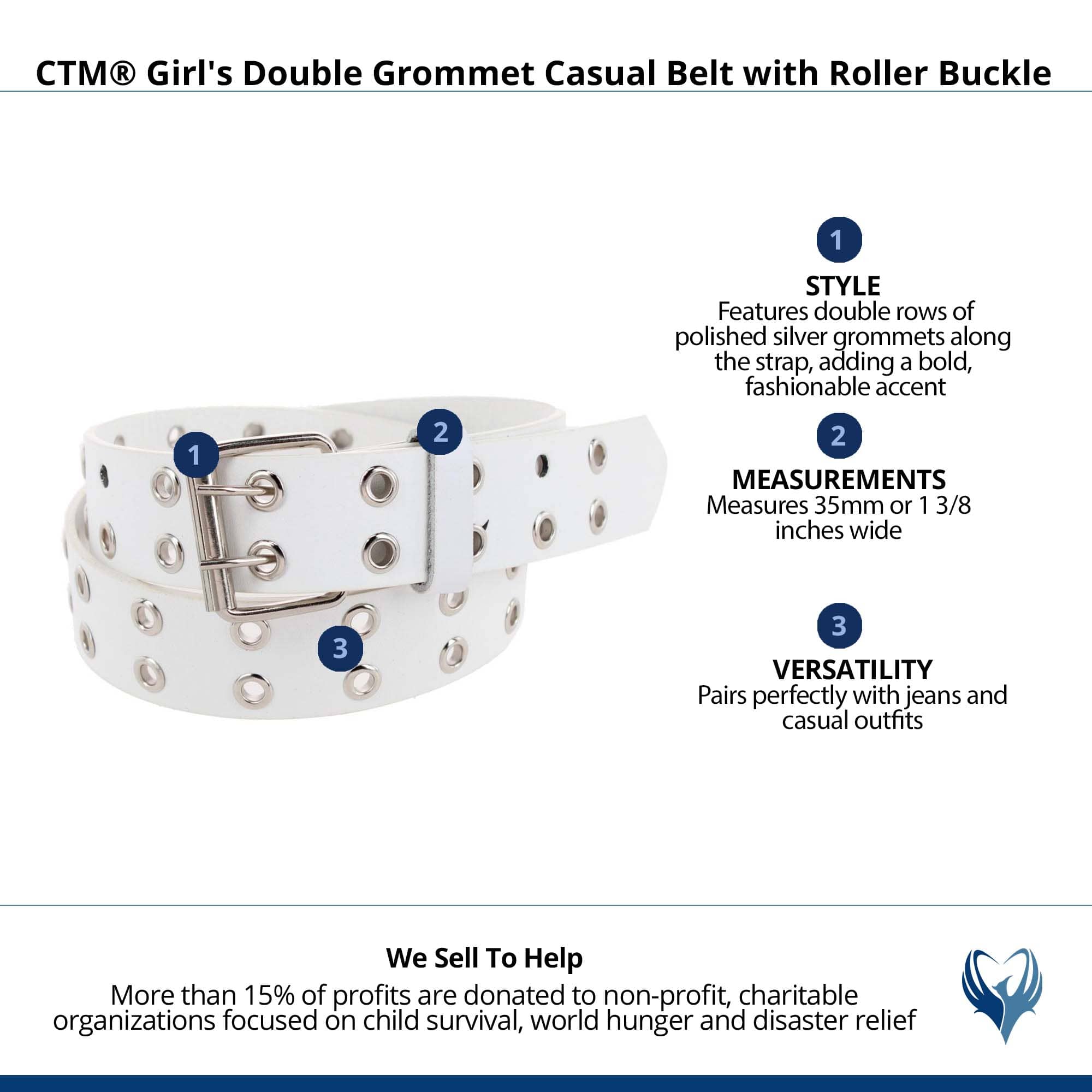 CTM® Girl's Double Grommet Casual Belt with Roller Buckle - White