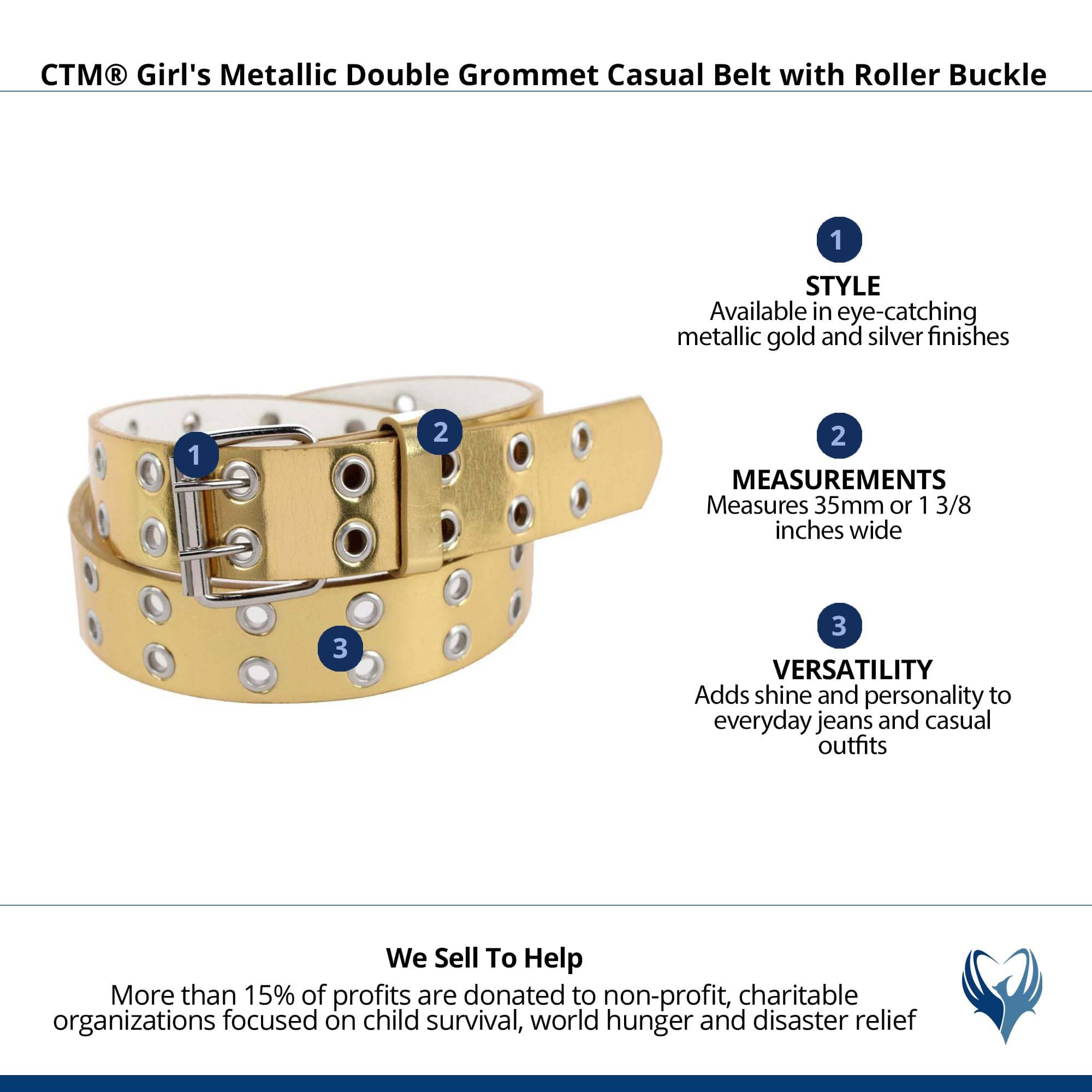 CTM® Girl's Metallic Double Grommet Casual Belt with Roller Buckle - Gold