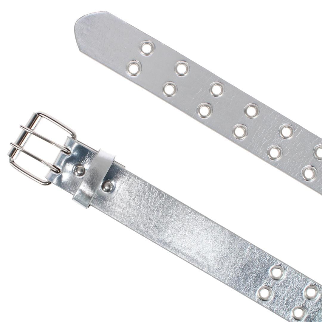 CTM® Girl's Metallic Double Grommet Casual Belt with Roller Buckle - Silver