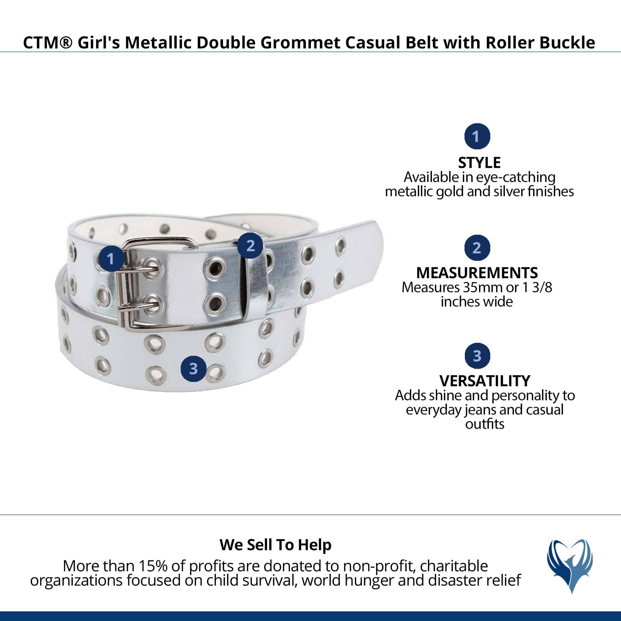 CTM® Girl's Metallic Double Grommet Casual Belt with Roller Buckle - Silver