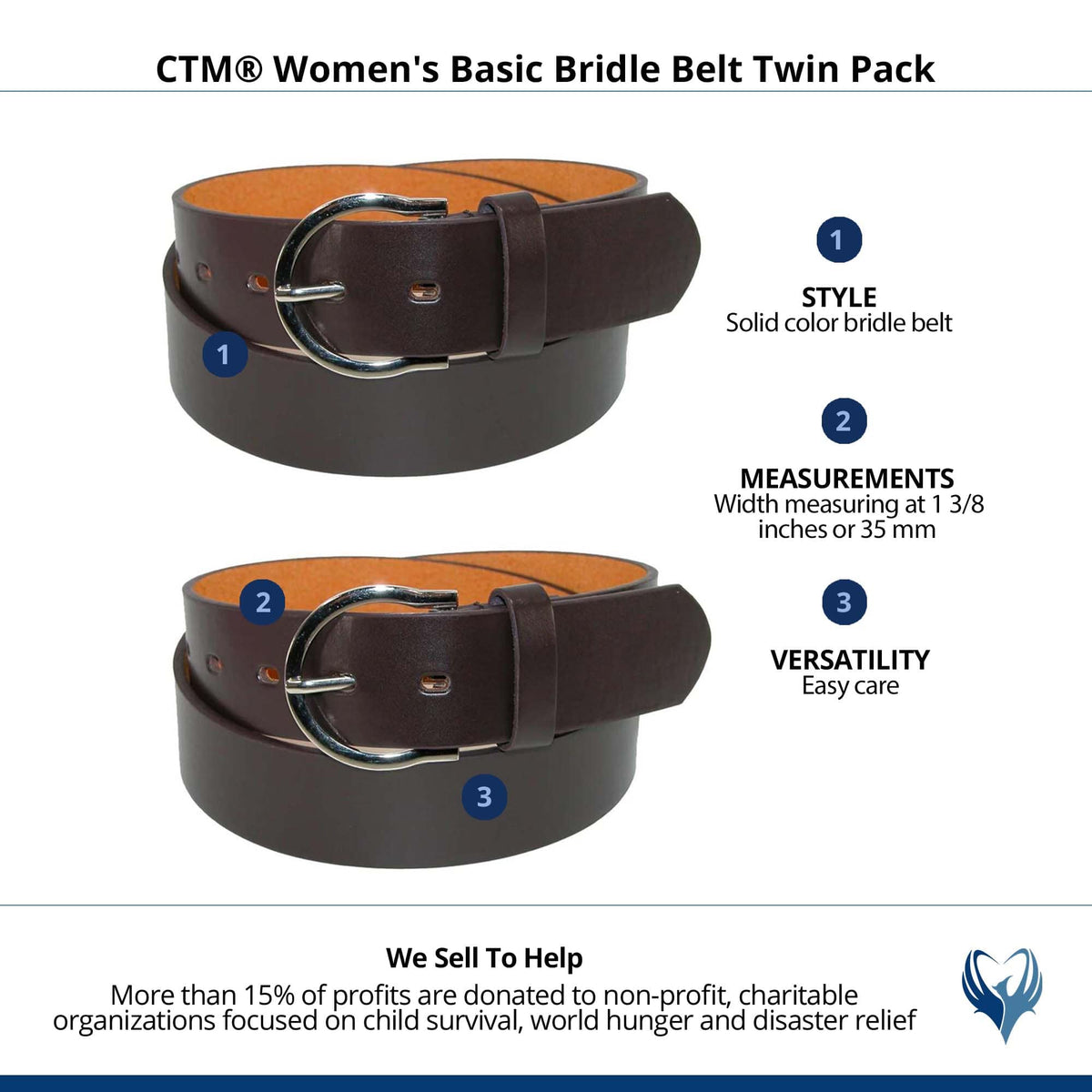 CTM® Womens 1 3/8 Inch Wide Basic Bridle Belt Twin Pack - Brown