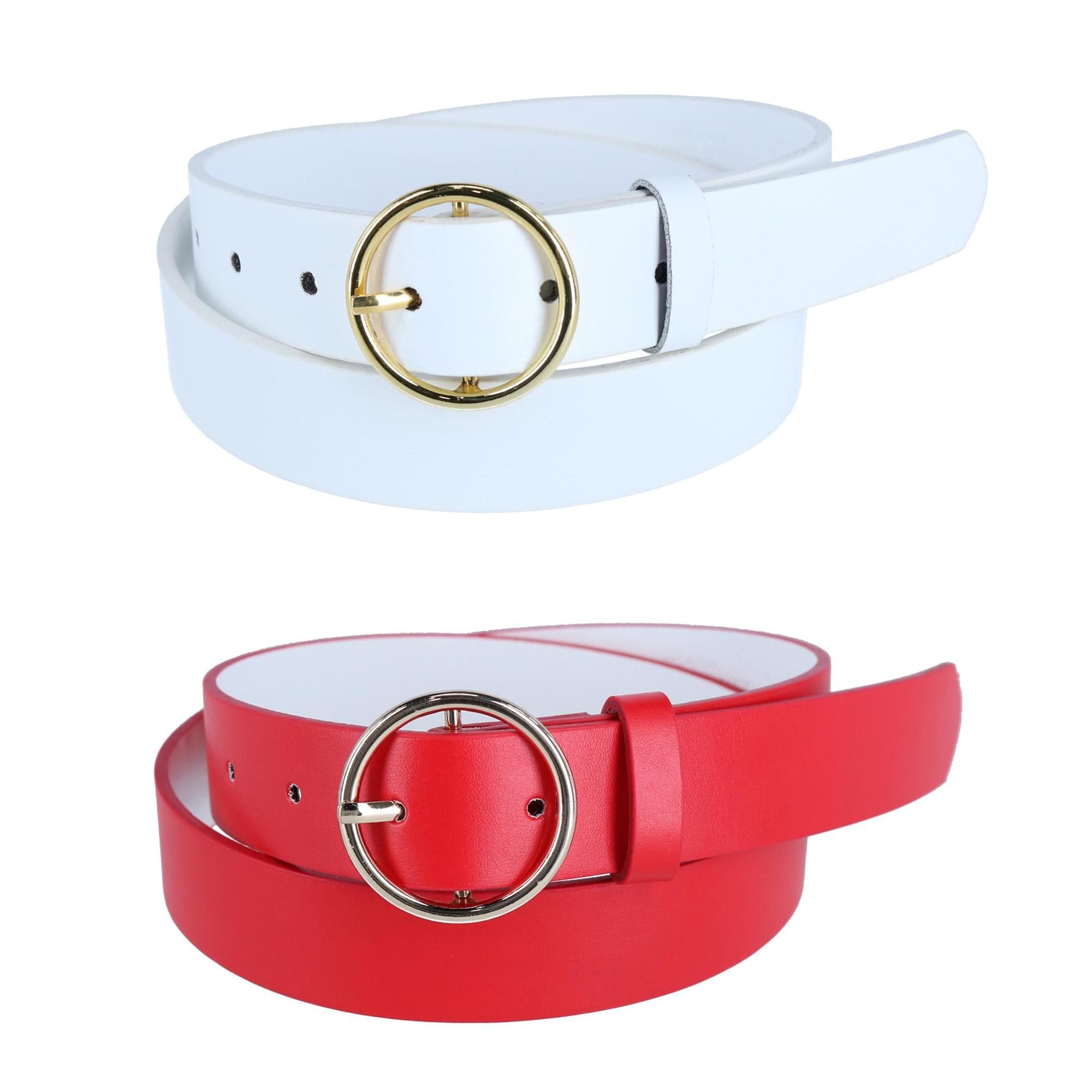 CTM® Women's Thick Rounded Buckle Belt (Pack of 2) - White & Red