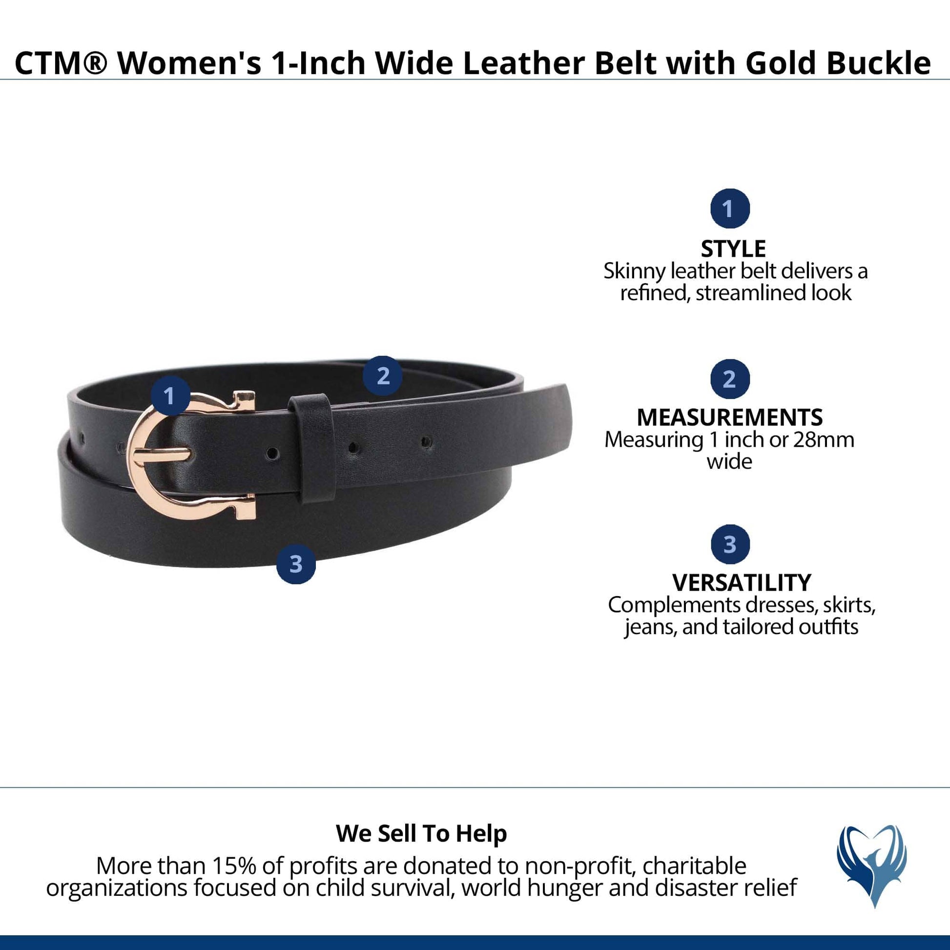 CTM® Women's 1-Inch Wide Leather Belt with Gold Buckle - Black