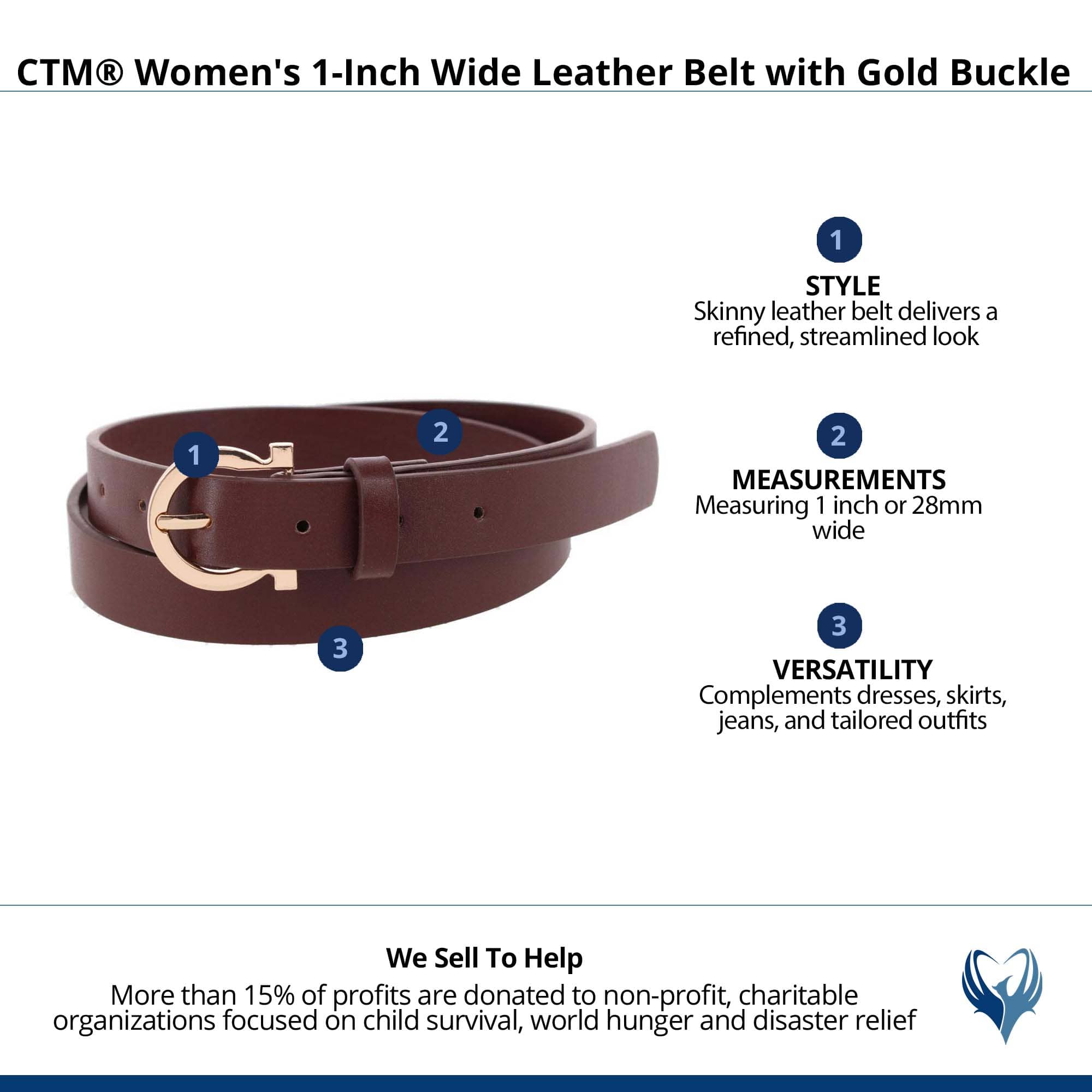 CTM® Women's 1-Inch Wide Leather Belt with Gold Buckle - Black