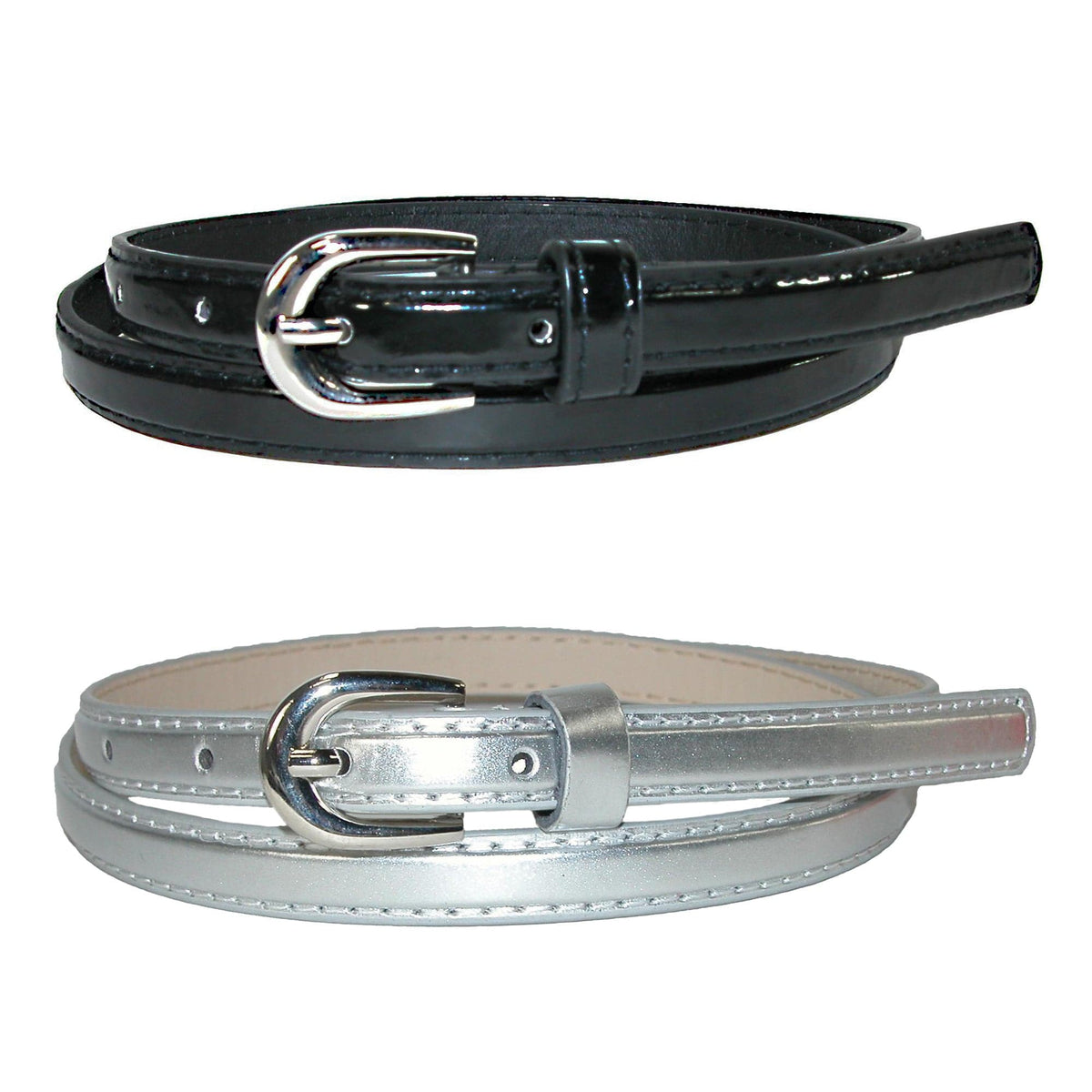 CTM® Women's Skinny 1/2 Inch Dress Belt (Pack of 2 Colors) - Black and Silver