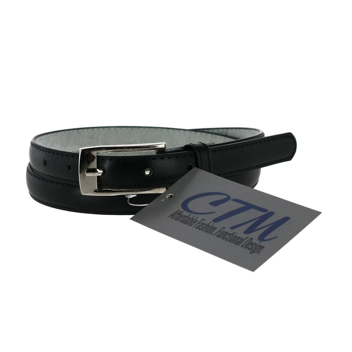 CTM® Women's 3/4 Inch Skinny Leather Dress Belt Silver Buckle - Black