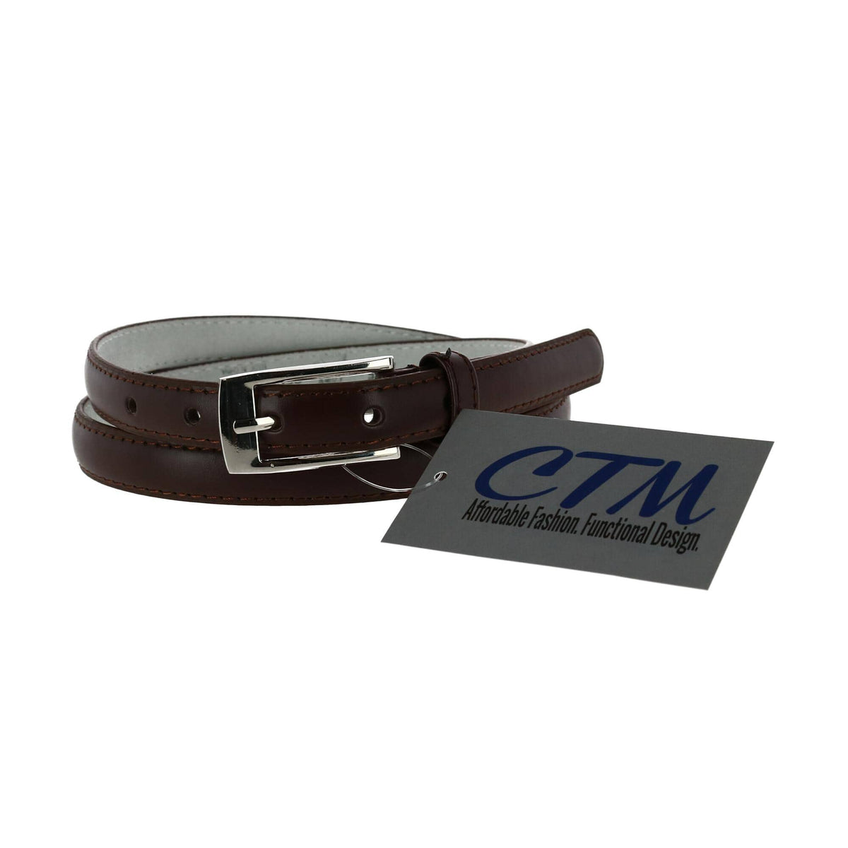 CTM® Women's 3/4 Inch Skinny Leather Dress Belt Silver Buckle - Brown