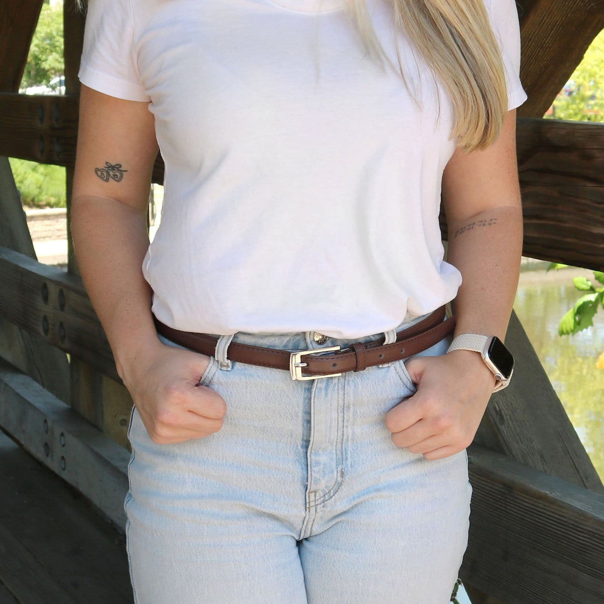 CTM® Women's 3/4 Inch Skinny Leather Dress Belt Silver Buckle - Brown