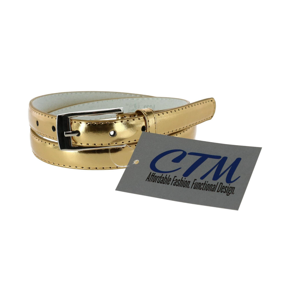 CTM® Women's 3/4 Inch Skinny Leather Dress Belt Silver Buckle - Gold
