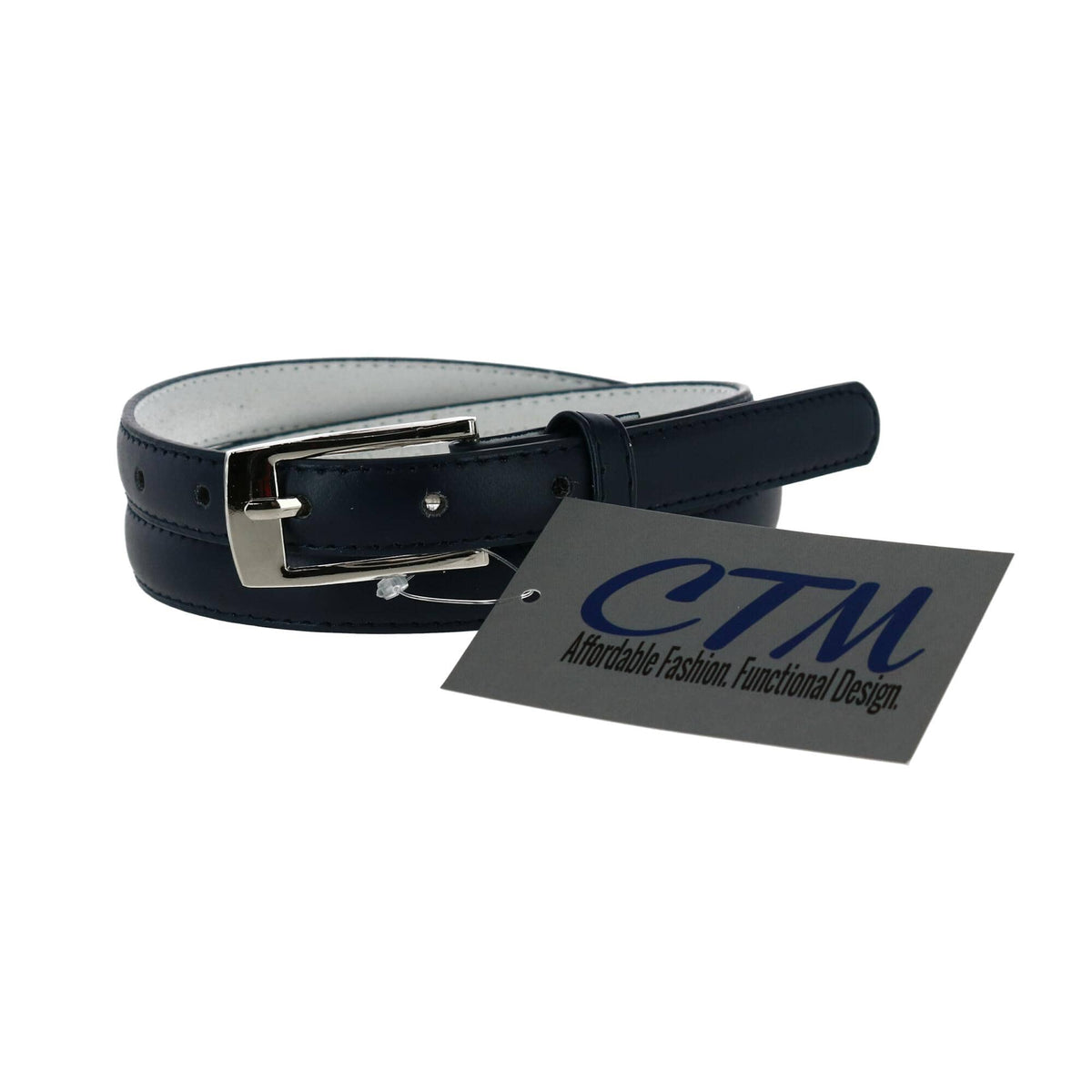 CTM® Women's 3/4 Inch Skinny Leather Dress Belt Silver Buckle - Navy