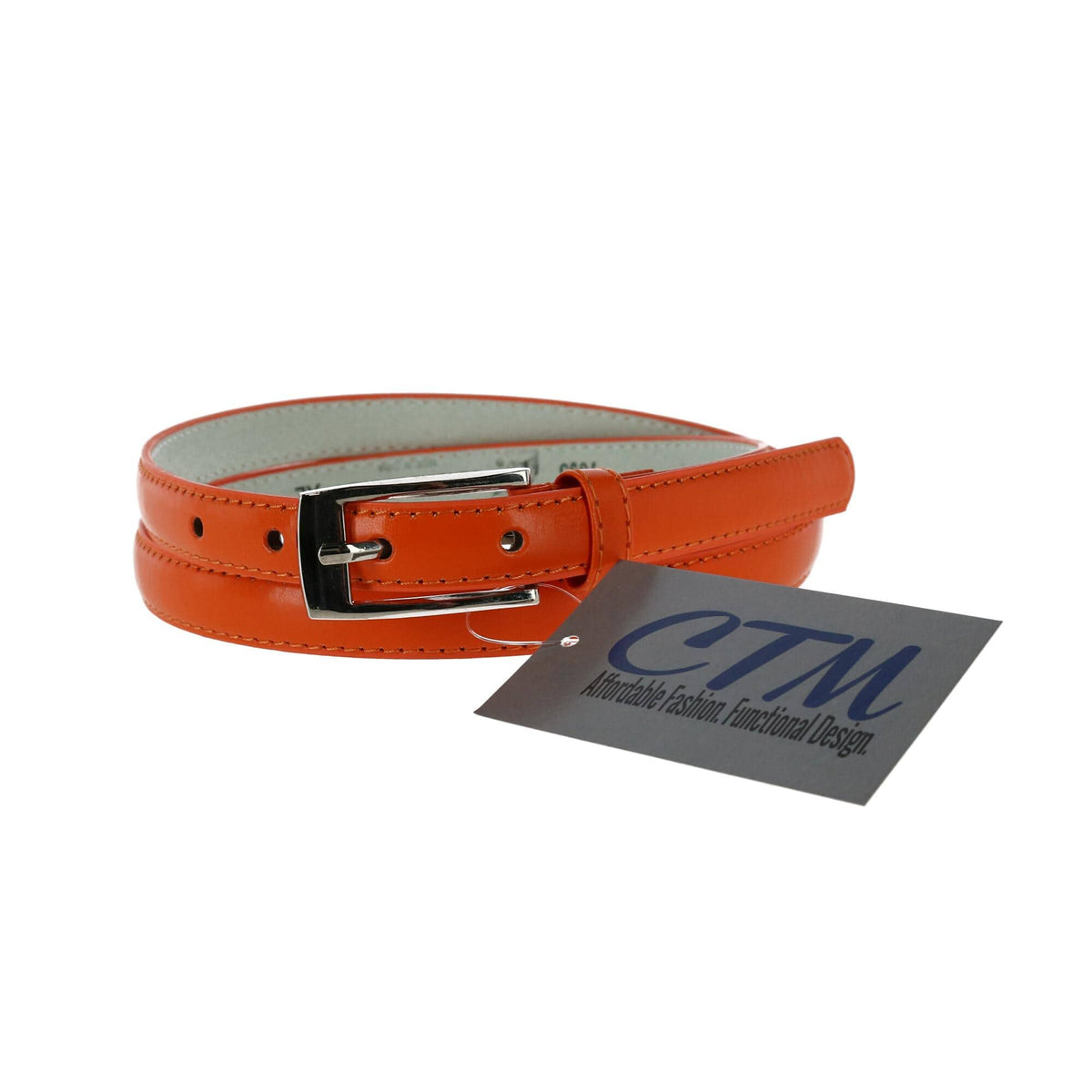 CTM® Women's 3/4 Inch Skinny Leather Dress Belt Silver Buckle - Orange