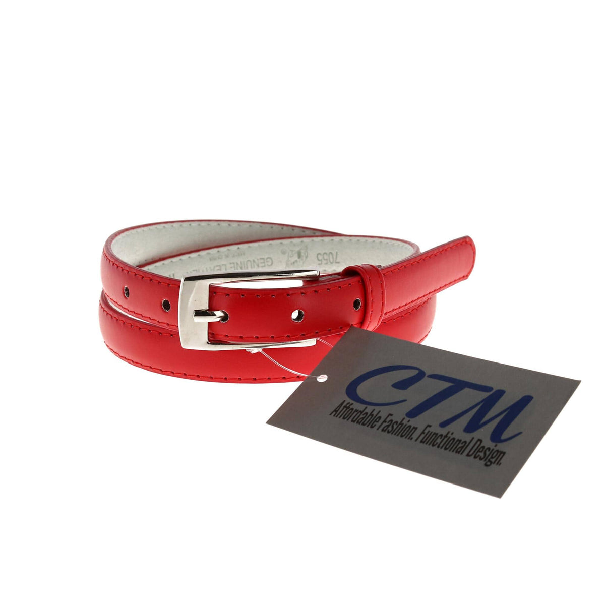 CTM® Women's 3/4 Inch Skinny Leather Dress Belt Silver Buckle - Red
