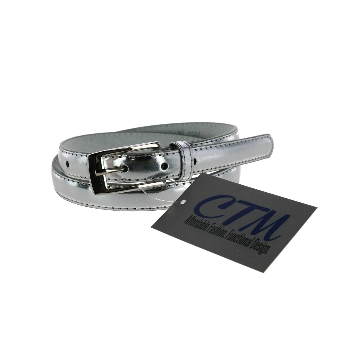 CTM® Women's 3/4 Inch Skinny Leather Dress Belt Silver Buckle - Silver