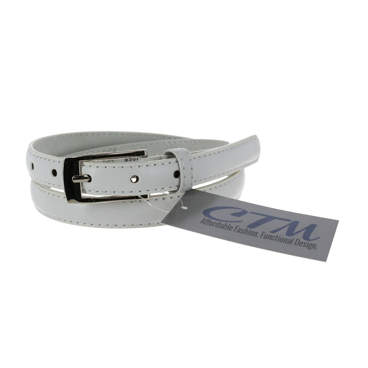 CTM® Women's 3/4 Inch Skinny Leather Dress Belt Silver Buckle - White