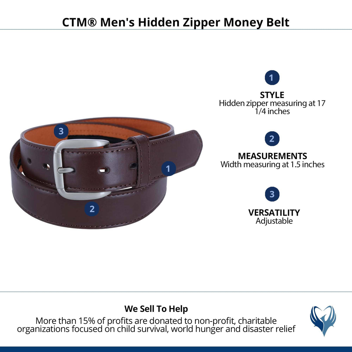 CTM® Men's Hidden Zipper Money Belt - Brown