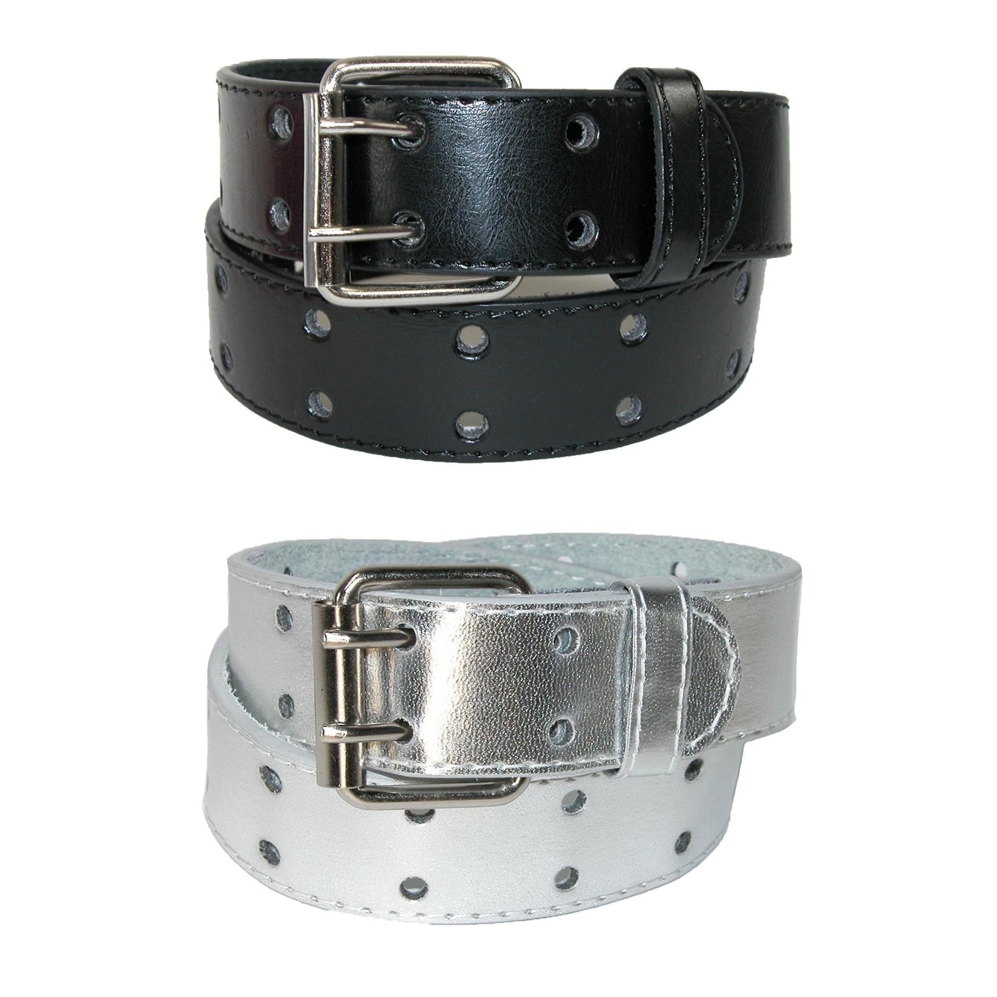 CTM® Kid's Leather Two Hole Jean Belt (Pack of 2 Colors) - Black and Silver