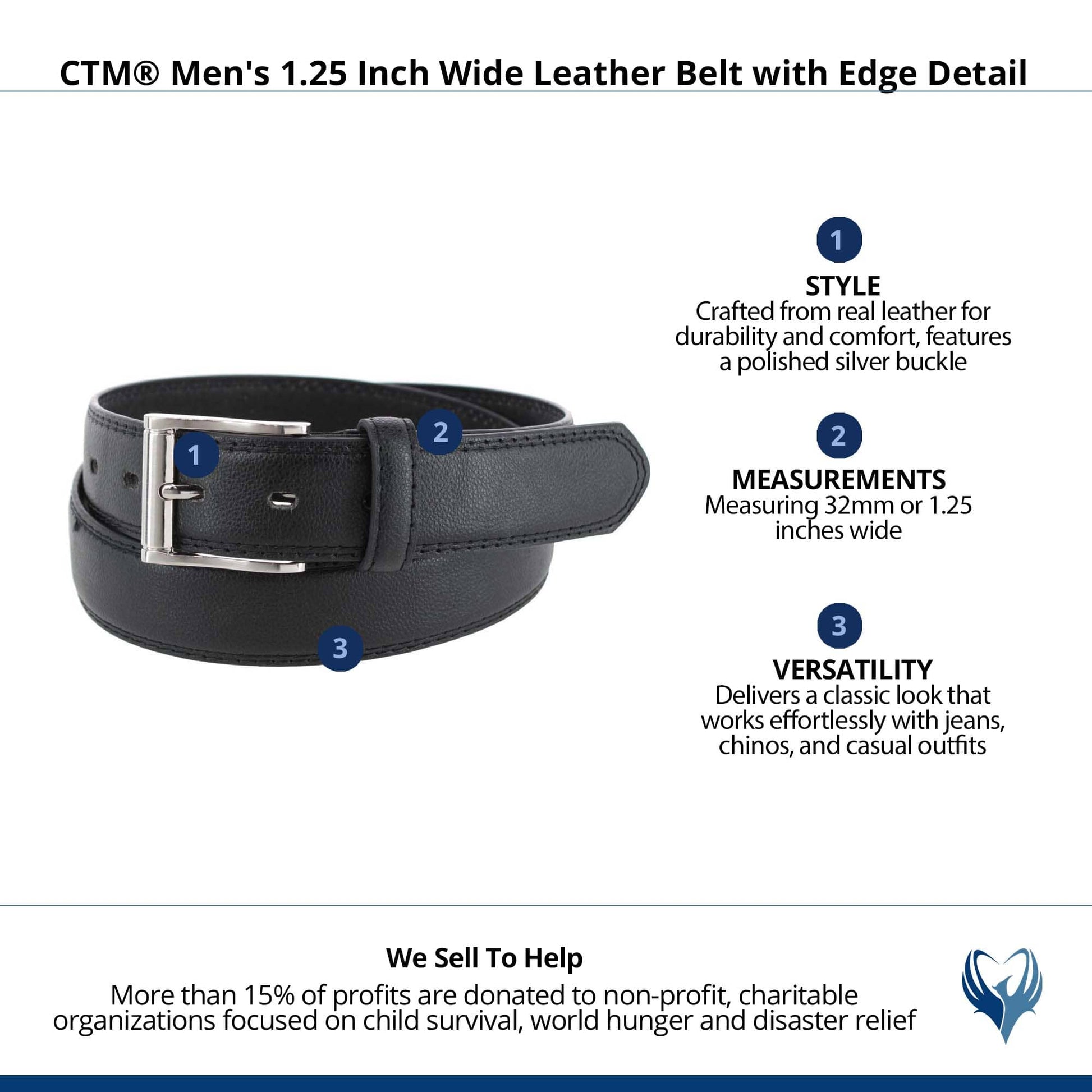 CTM® Men's 1.25 Inch Wide Leather Belt with Edge Detail - Black
