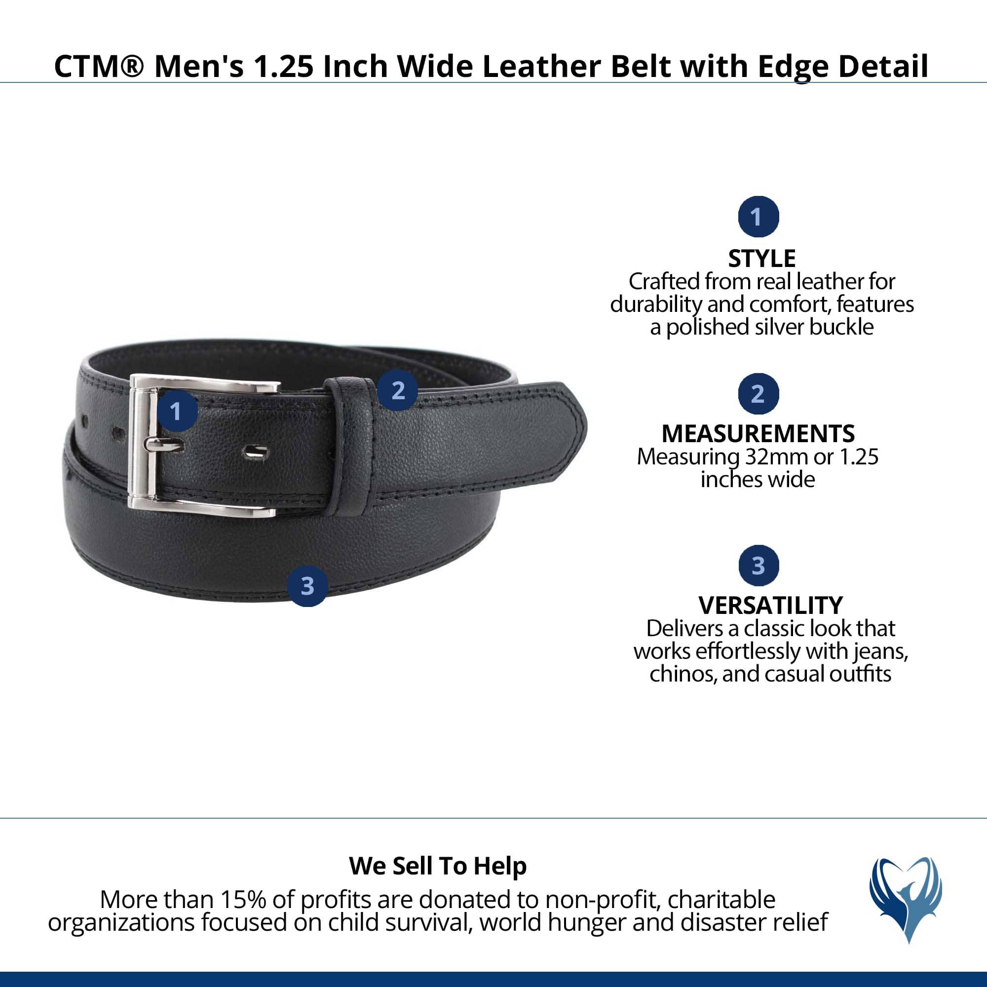 CTM® Men's 1.25 Inch Wide Leather Belt with Edge Detail - Black